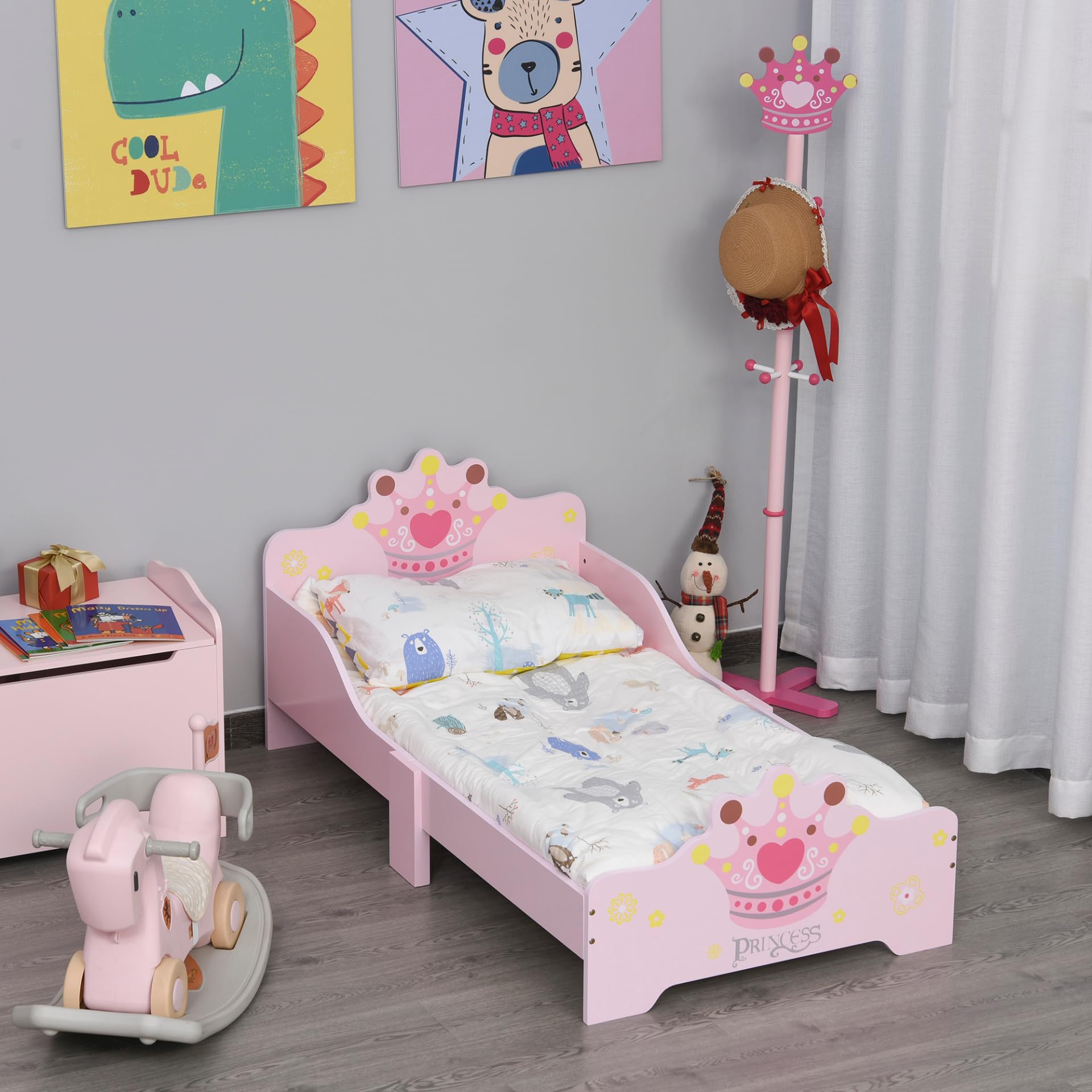 HOMCOM Princess Crown Toddler Bed for Girls | Low Height, Safety Rails | Supports 50kg 2