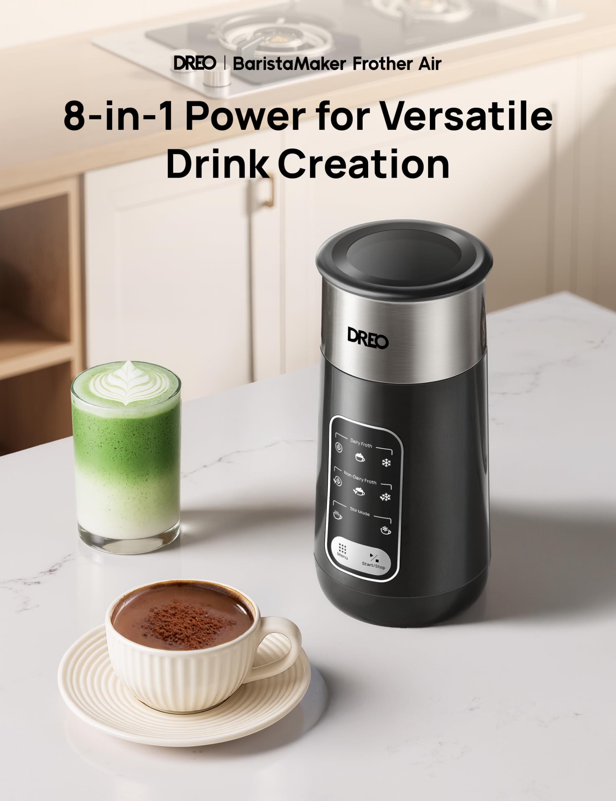 Dreo Electric Milk Frother - 8-in-1 Silent Steamer | Stainless Steel | Black Silver