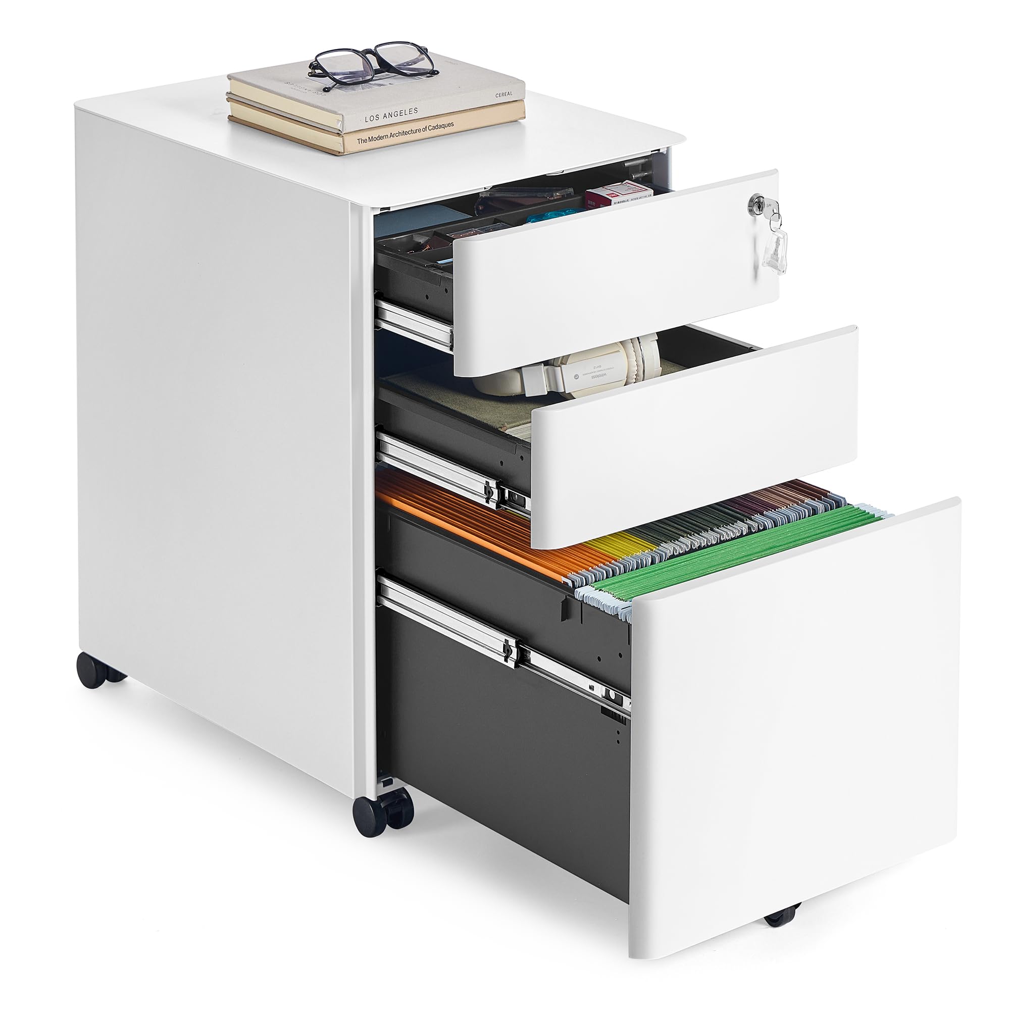 SONGMICS Mobile File Cabinet - 3 Drawers, Lockable, Steel Construction | 50x39x59 cm | White Muted