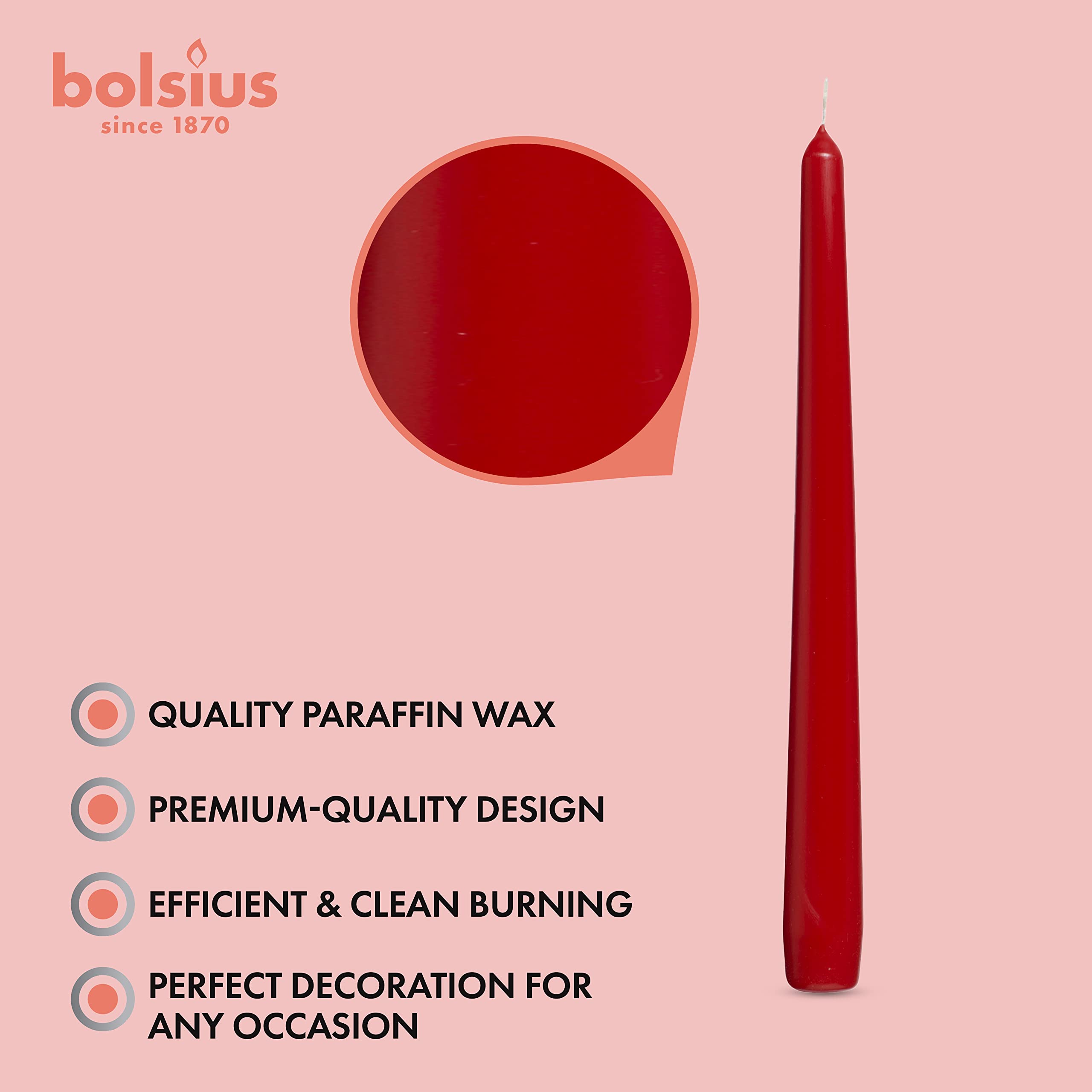 BOLSIUS Tapered Dinner Candles - 24.5cm Height, 7.5h Burn Time | 10 Pack | Red | Unscented 9