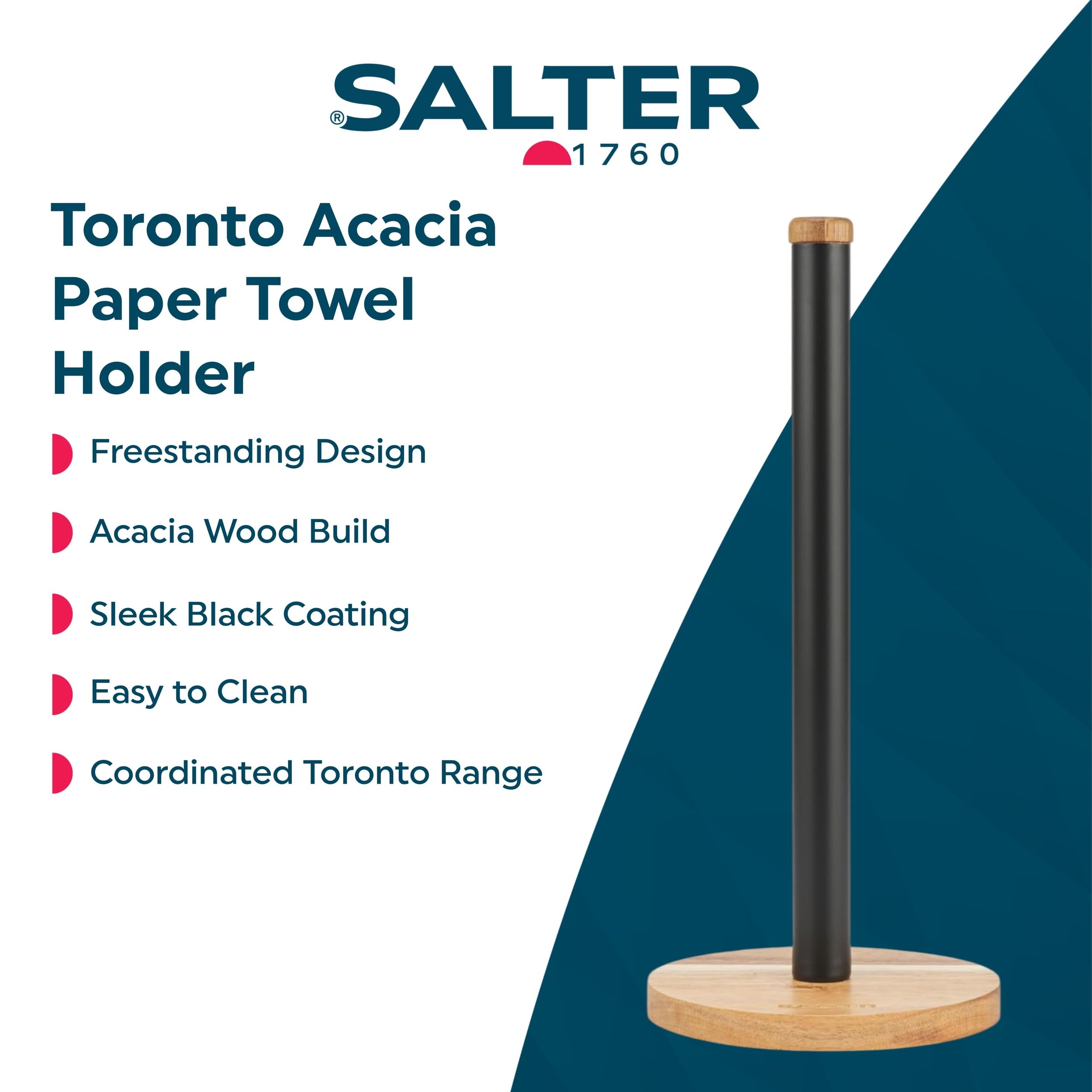 Salter Toronto Freestanding Paper Towel Holder - Acacia Wood | Black Finish | 350mm Height 2
