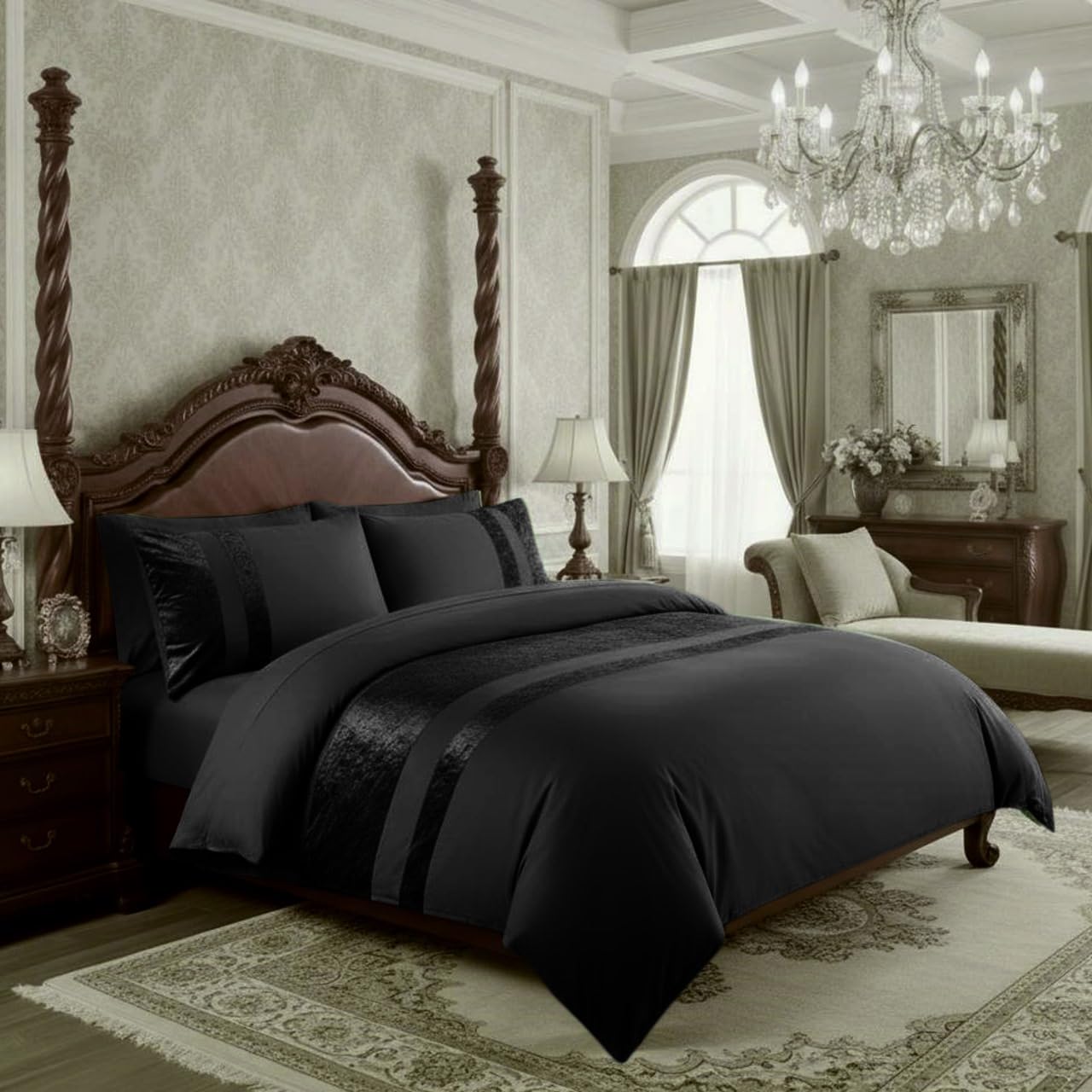 Casabella Luxury Crushed Velvet Panel Band Duvet Cover Set - King Size, Black | 3 Pieces 1