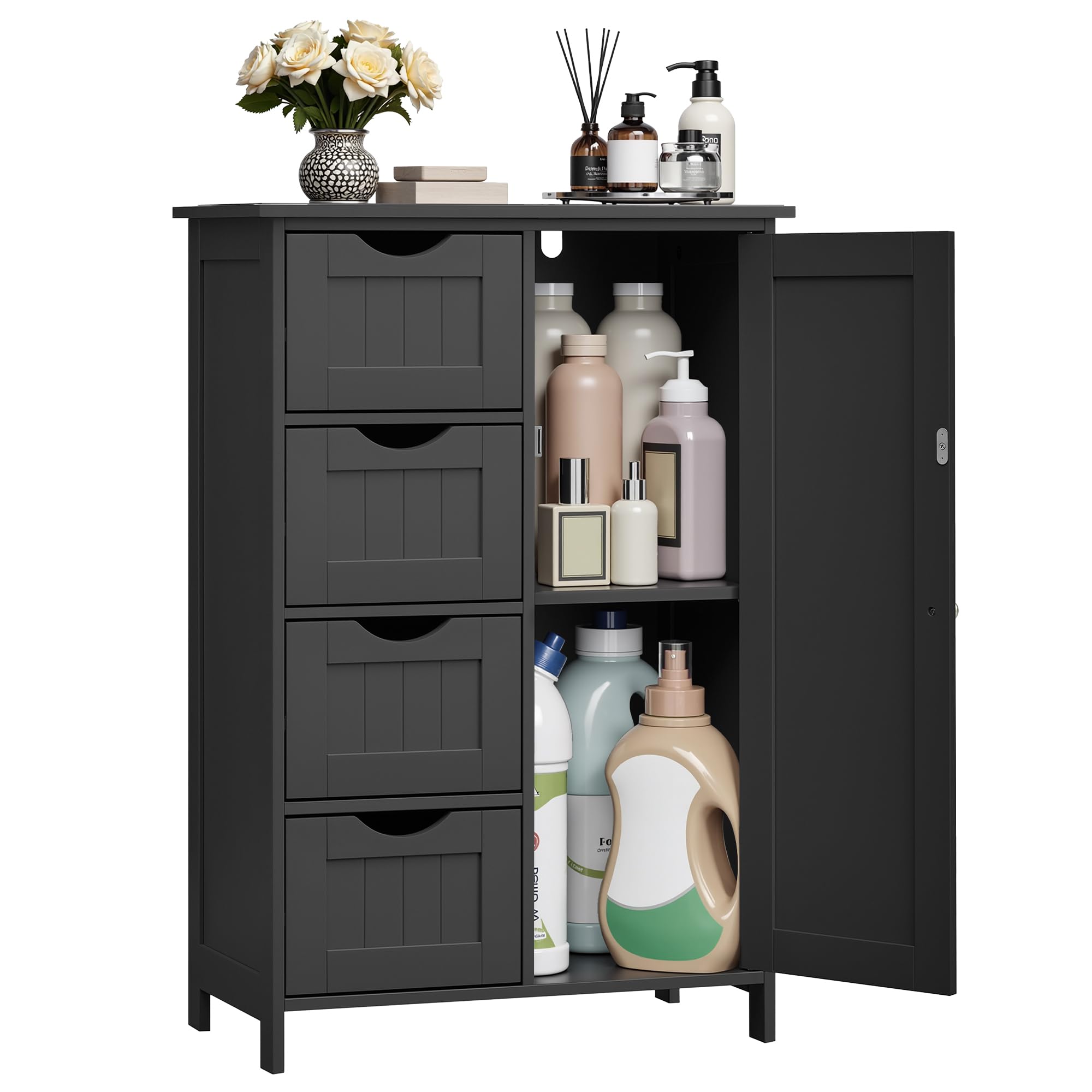 VASAGLE Bathroom Floor Storage Cabinet - 4 Drawers | Adjustable Shelf | Ink Black | 30x55x82 cm 1