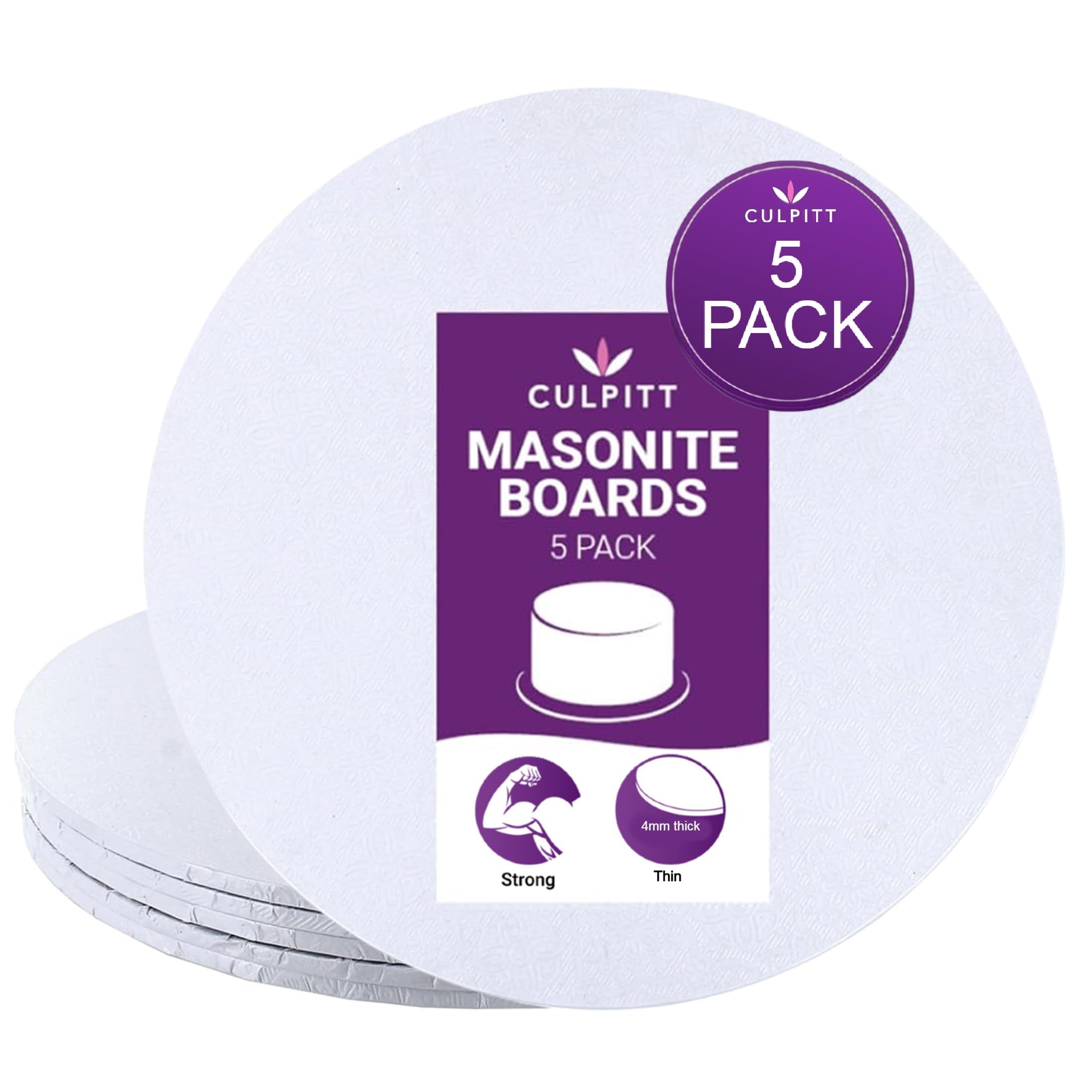 Culpitt 12" White Masonite Cake Boards - 5 Pack, 4mm Thick, Reusable Serving Board 1