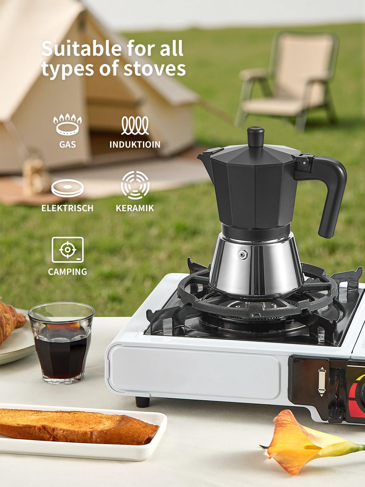 Yabano Stovetop Espresso Maker - 6 Cup Moka Pot for Rich Espresso | Durable Aluminium | Black+Silver 2