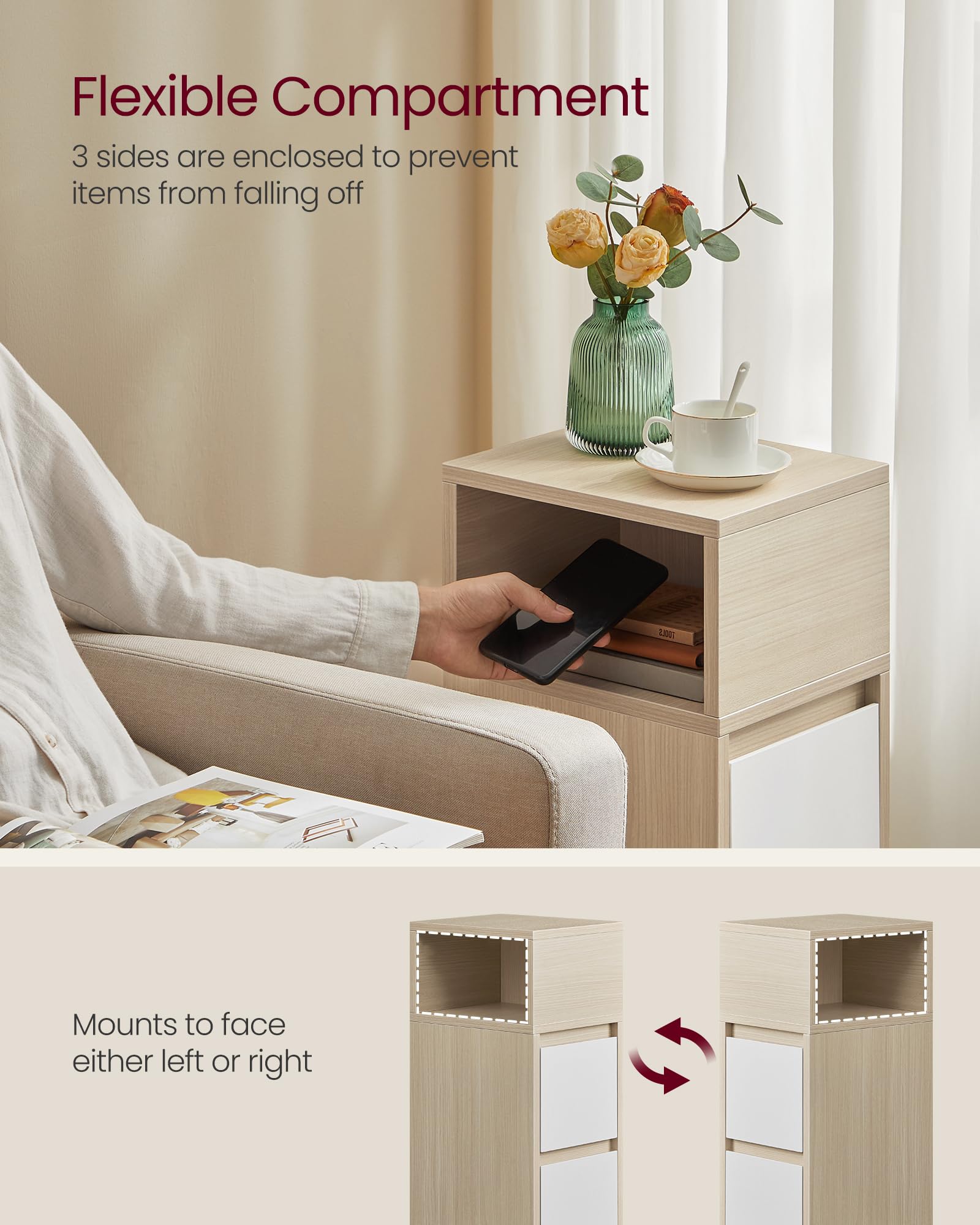 VASAGLE KAILYN Collection - Slim Bedside Table | Natural Beige + Cloud White | 30x25x65 cm 4