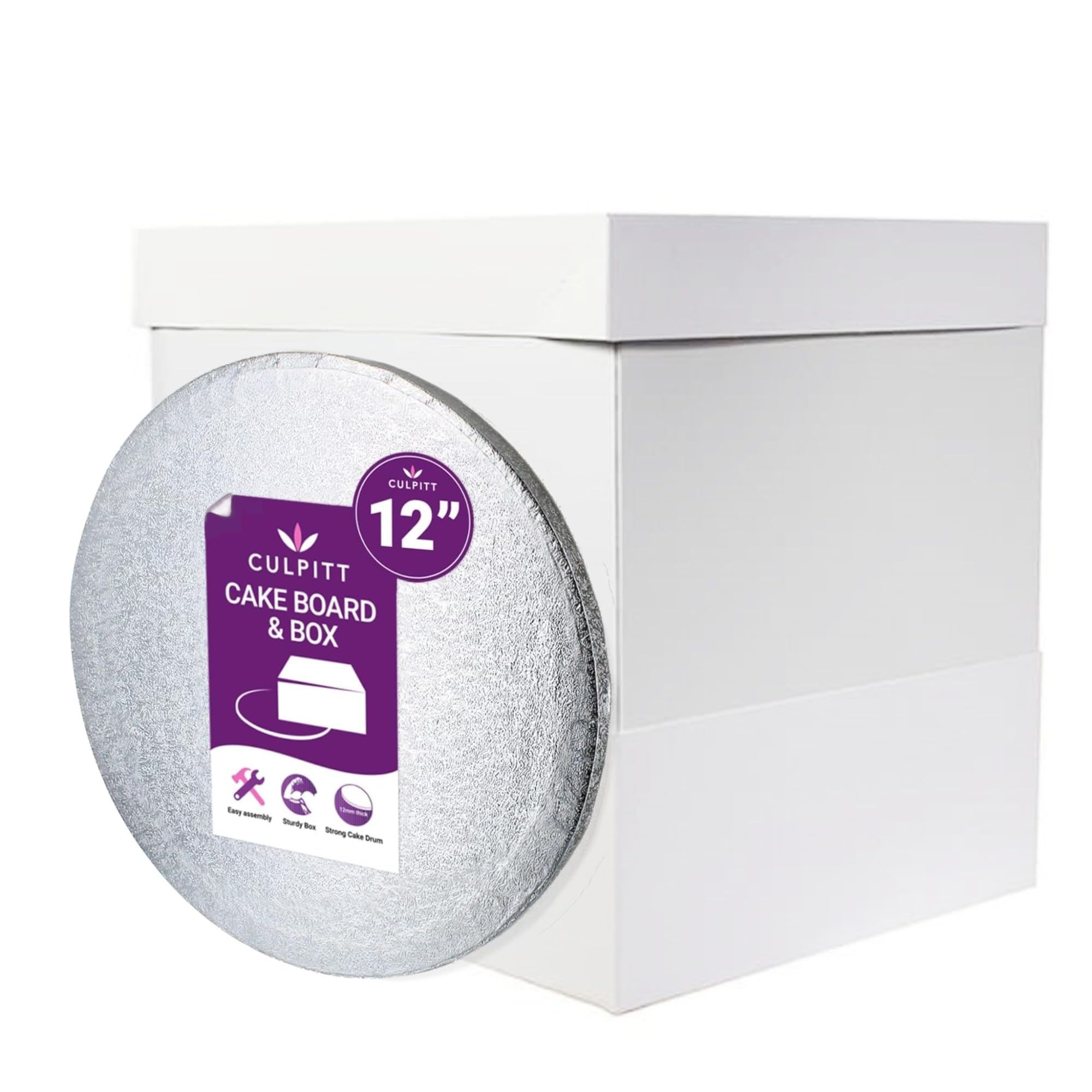 Culpitt Extra Tall Cake Box & Board Set | 12' Round Drum | Extends to 16' Height | White Box 1