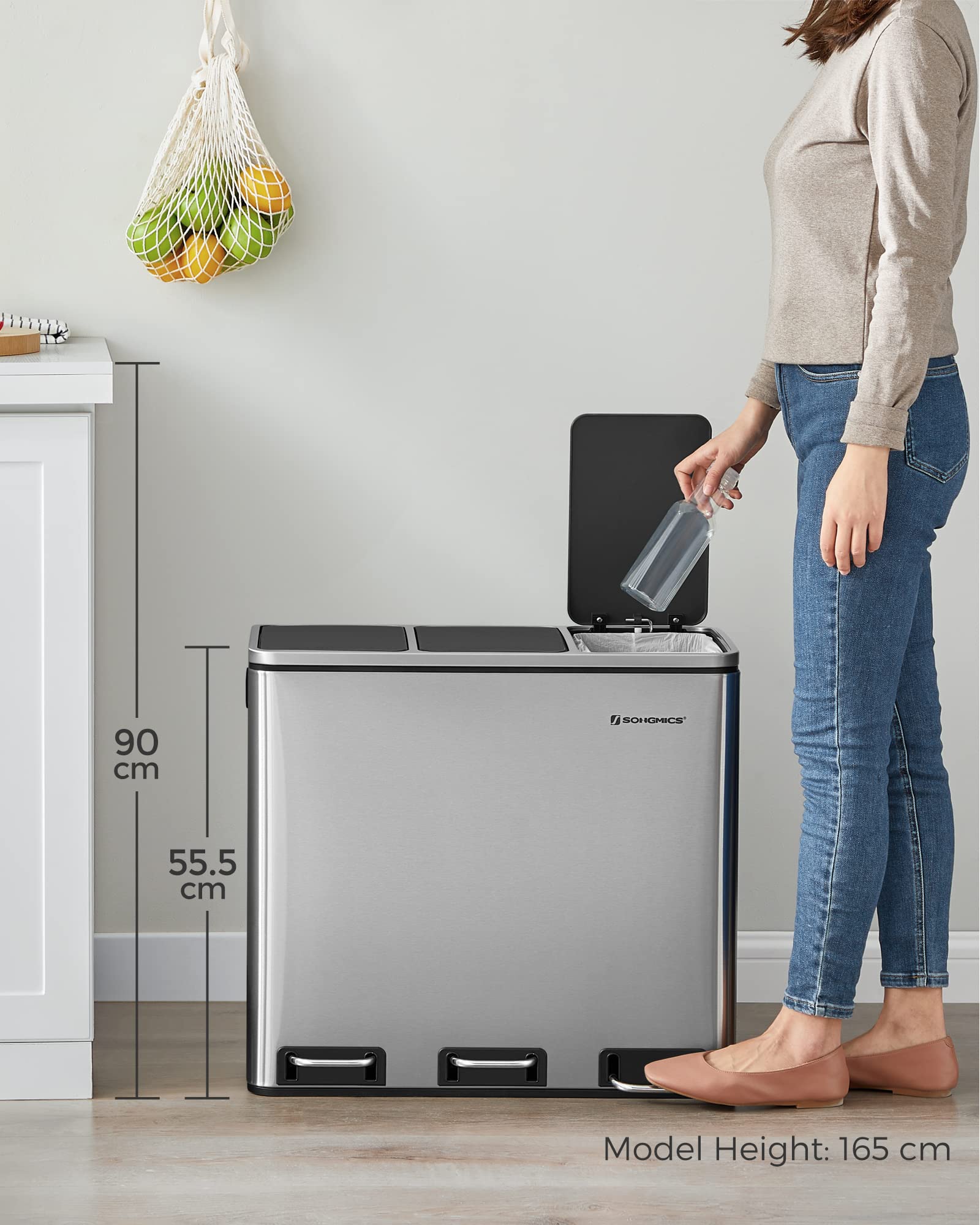 SONGMICS Kitchen Recycling Bin - 3 Compartments (3 x 18L) | Soft-Close Lids | Steel Metallic Silver LTB54NL 8
