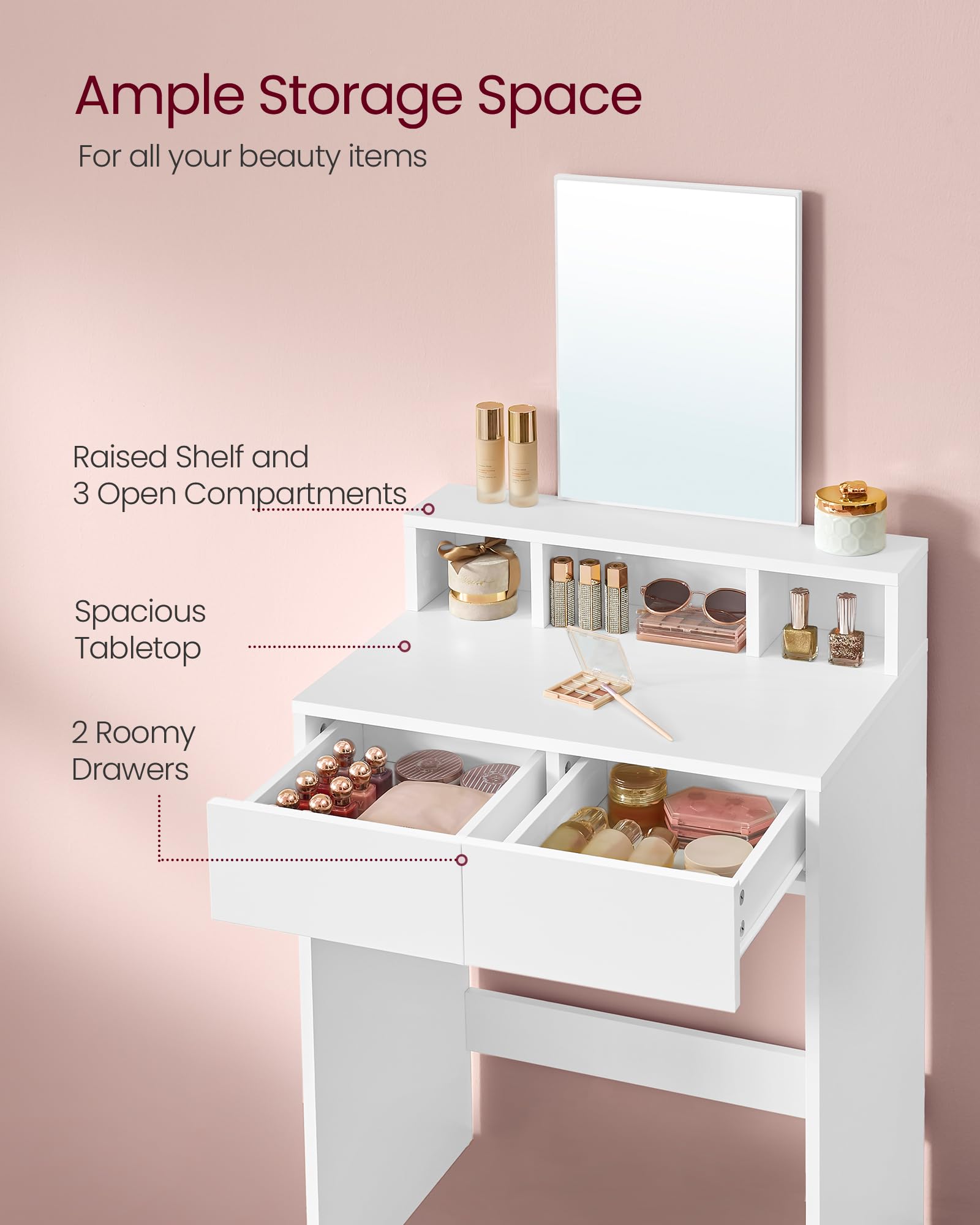 VASAGLE KAILYN Collection Dressing Table with Large Mirror | 60W x 127H cm | White 4