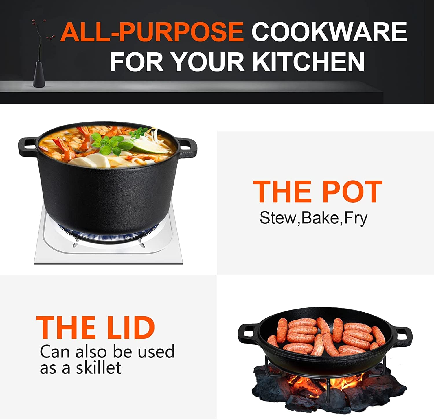 OVERMONT 5 QT Cast Iron Double Dutch Oven with Skillet Lid | Pre-Seasoned | Includes Handle Covers 4