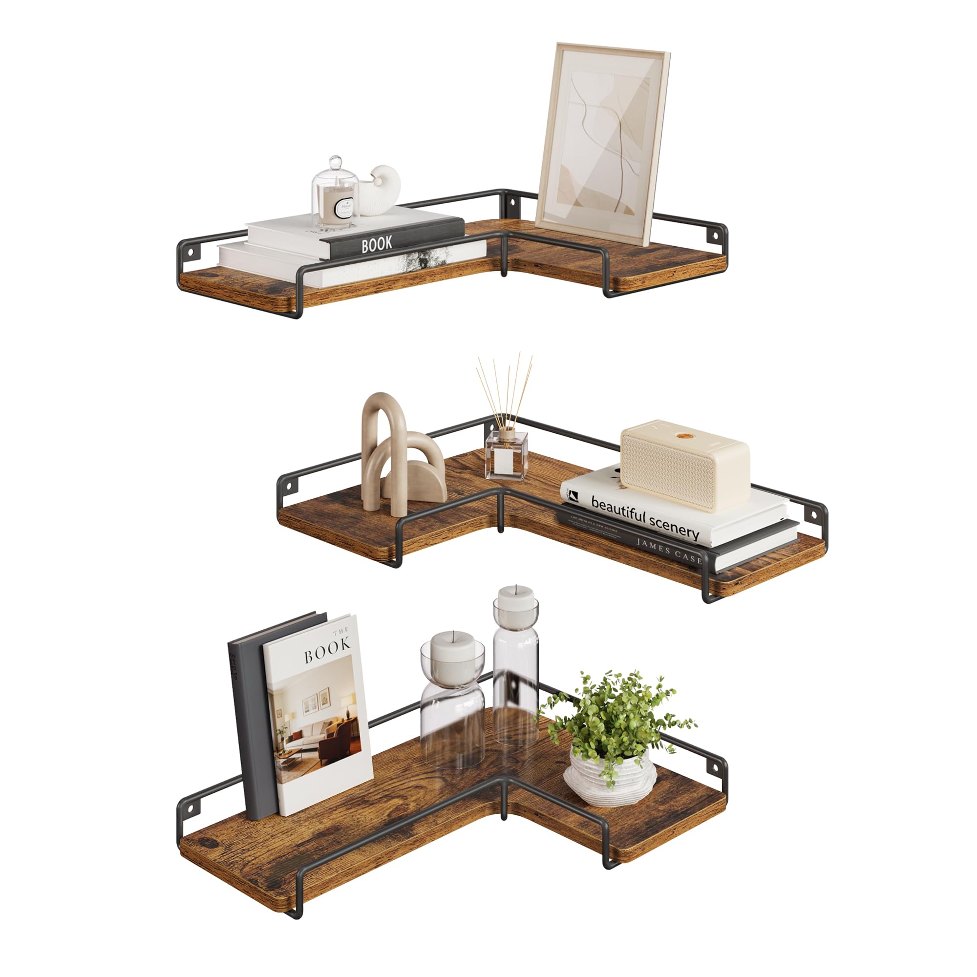 VASAGLE Floating Corner Shelves - Set of 3, Rustic Brown & Black, Industrial Style | Max Load 11 lb 1