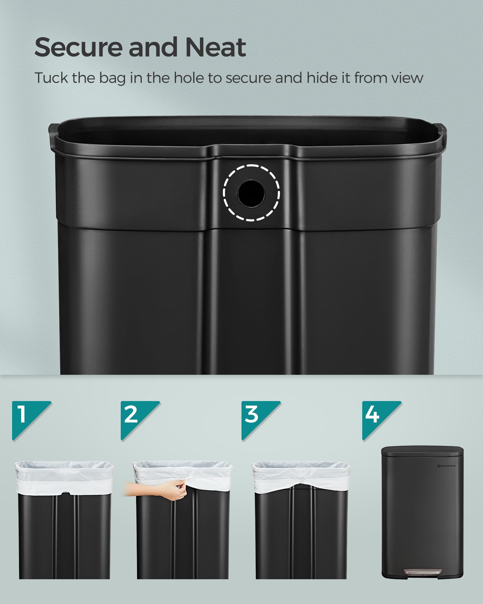 SONGMICS 50 L Kitchen Bin - Soft Close Pedal Rubbish Bin | Alloy Steel | Black 5