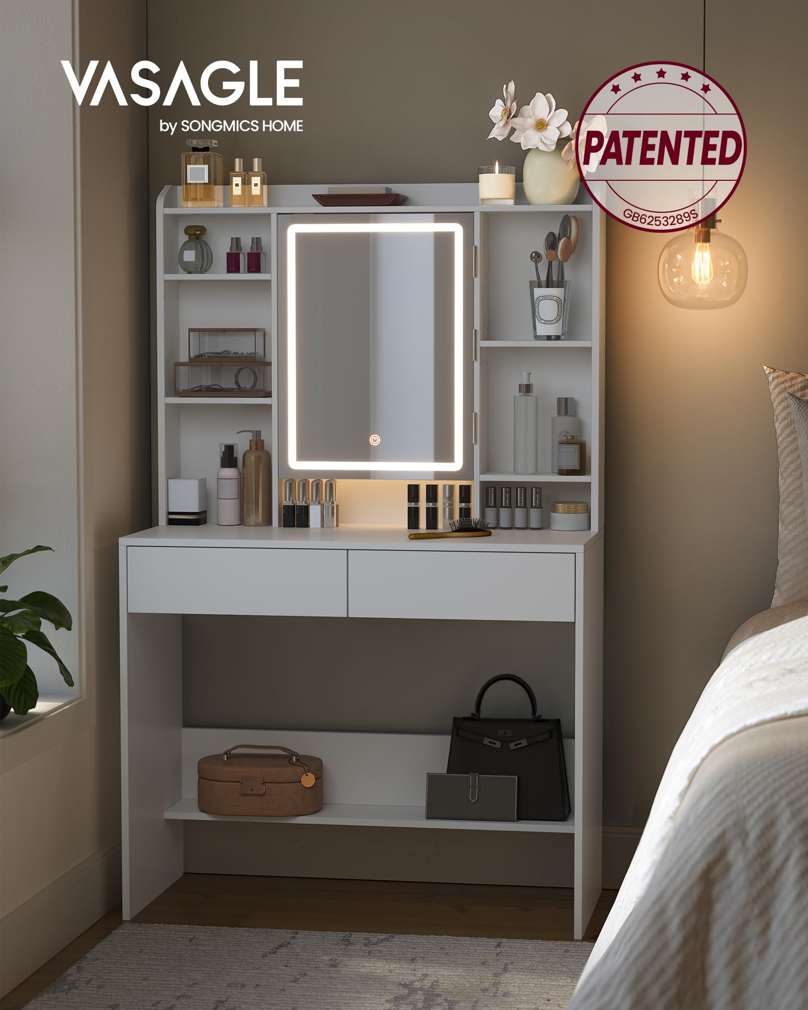 VASAGLE KAILYN Collection Dressing Table with Adjustable LED Lights | White Engineered Wood | 40 x 90 x 144.7 cm 2