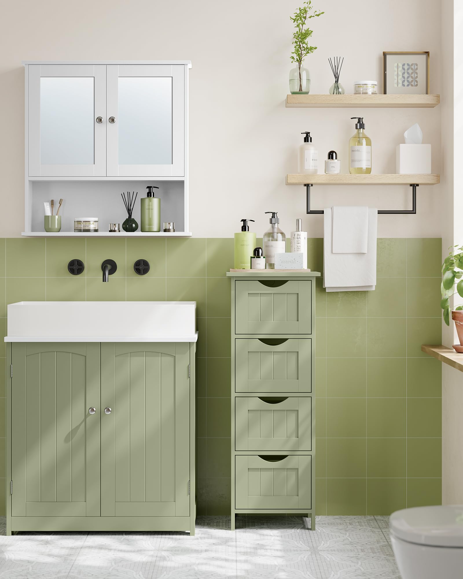 VASAGLE Bathroom Floor Storage Cabinet - 4 Drawers | 30 x 30 x 82 cm | Laurel Green | MDF 7