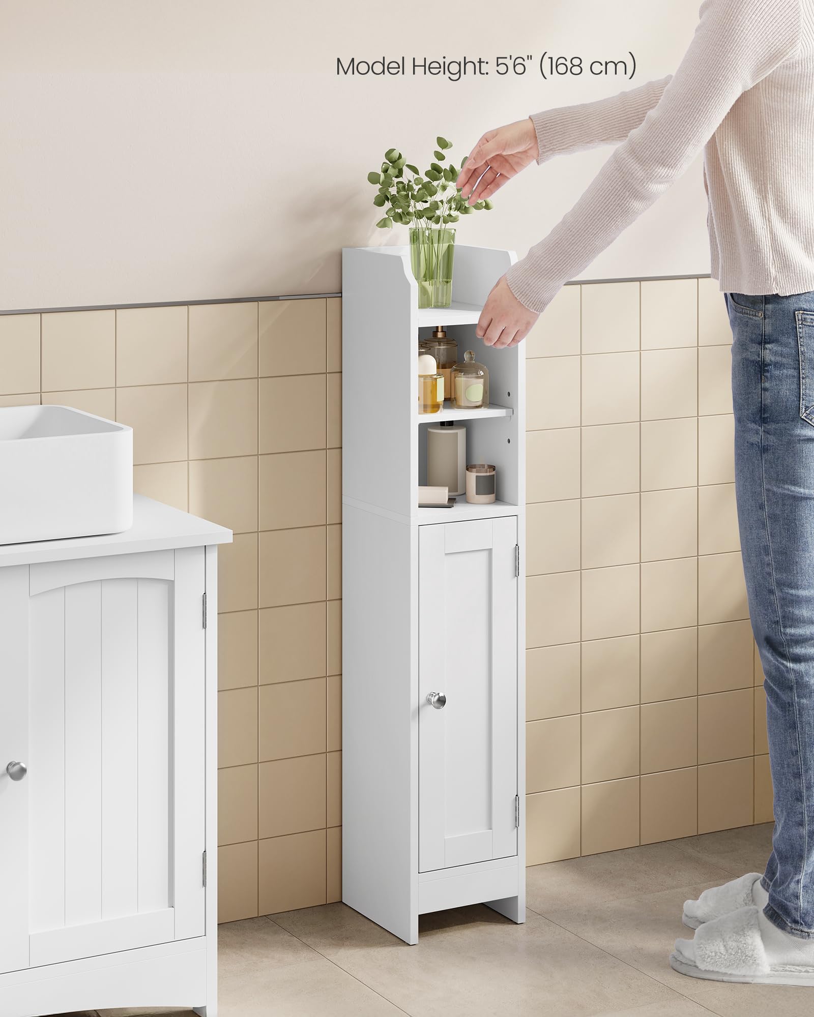 VASAGLE Slim Bathroom Floor Storage Cabinet - 92H cm Tall, Adjustable Shelves, Cloud White 9