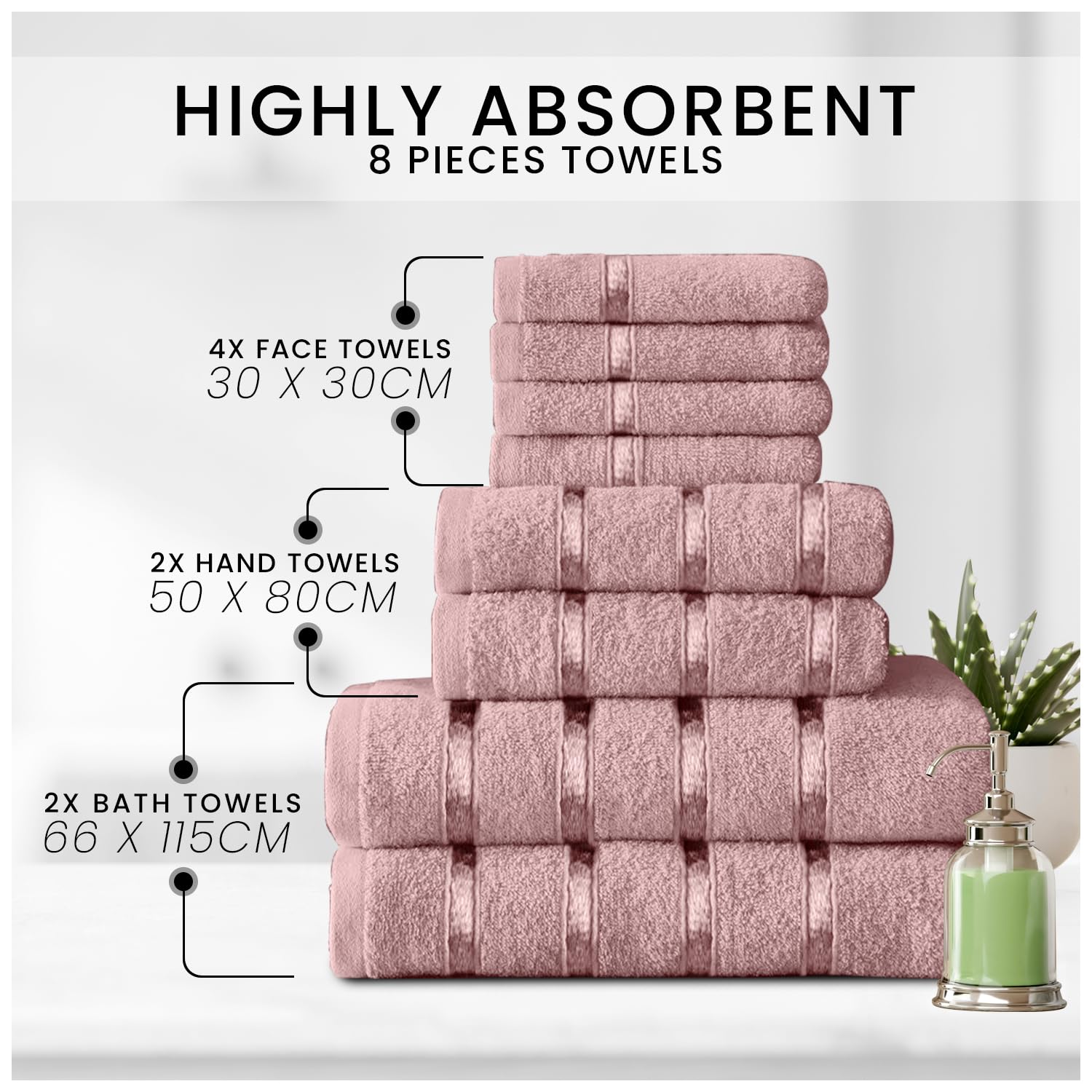 GC GAVENO CAVAILIA 8 Piece Towel Set - 450 GSM Cotton, Quick Dry, Blush Pink 2