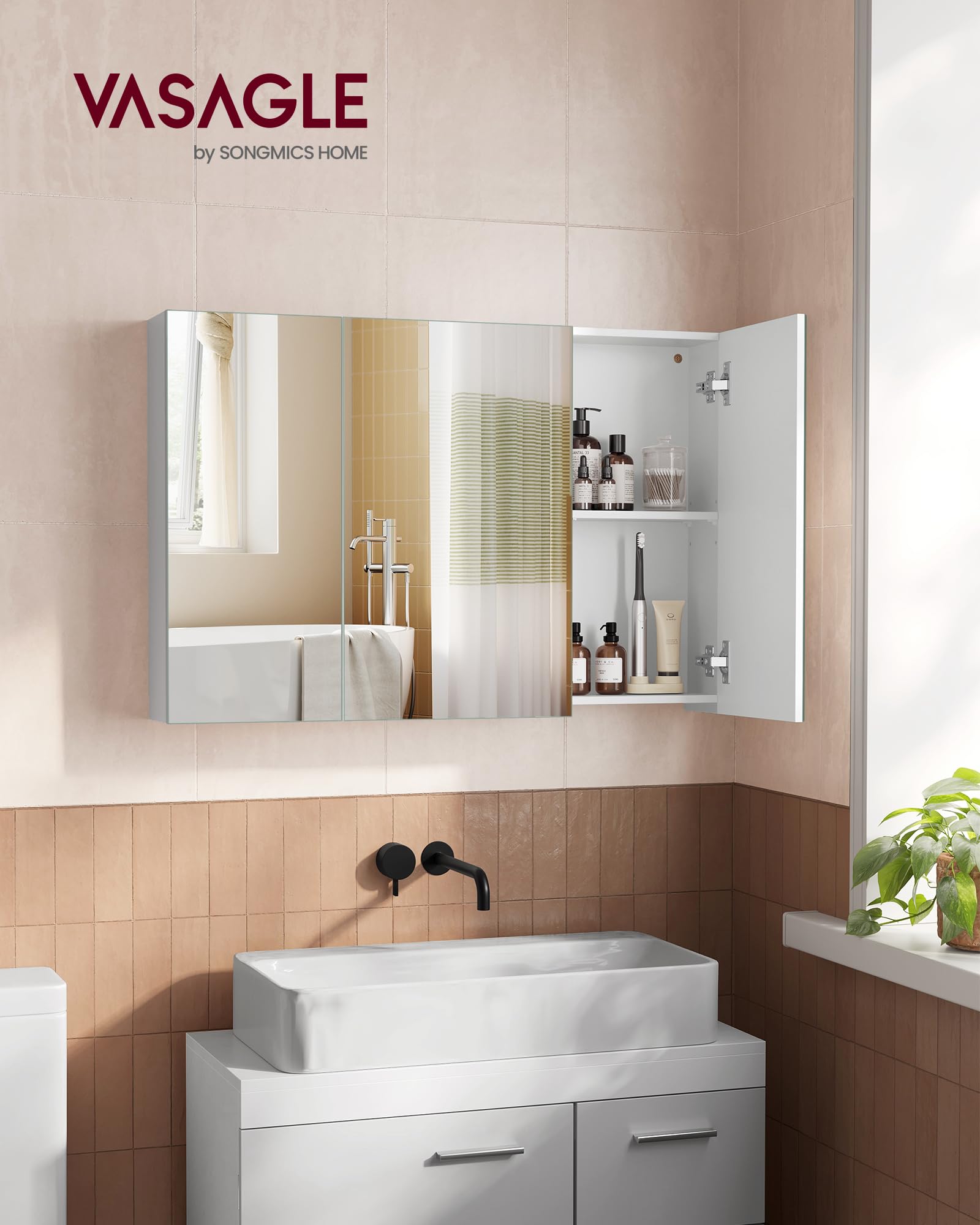 VASAGLE KAILYN Wall Cabinet with Mirror - 3-Door Storage Unit | White | 90W cm 2