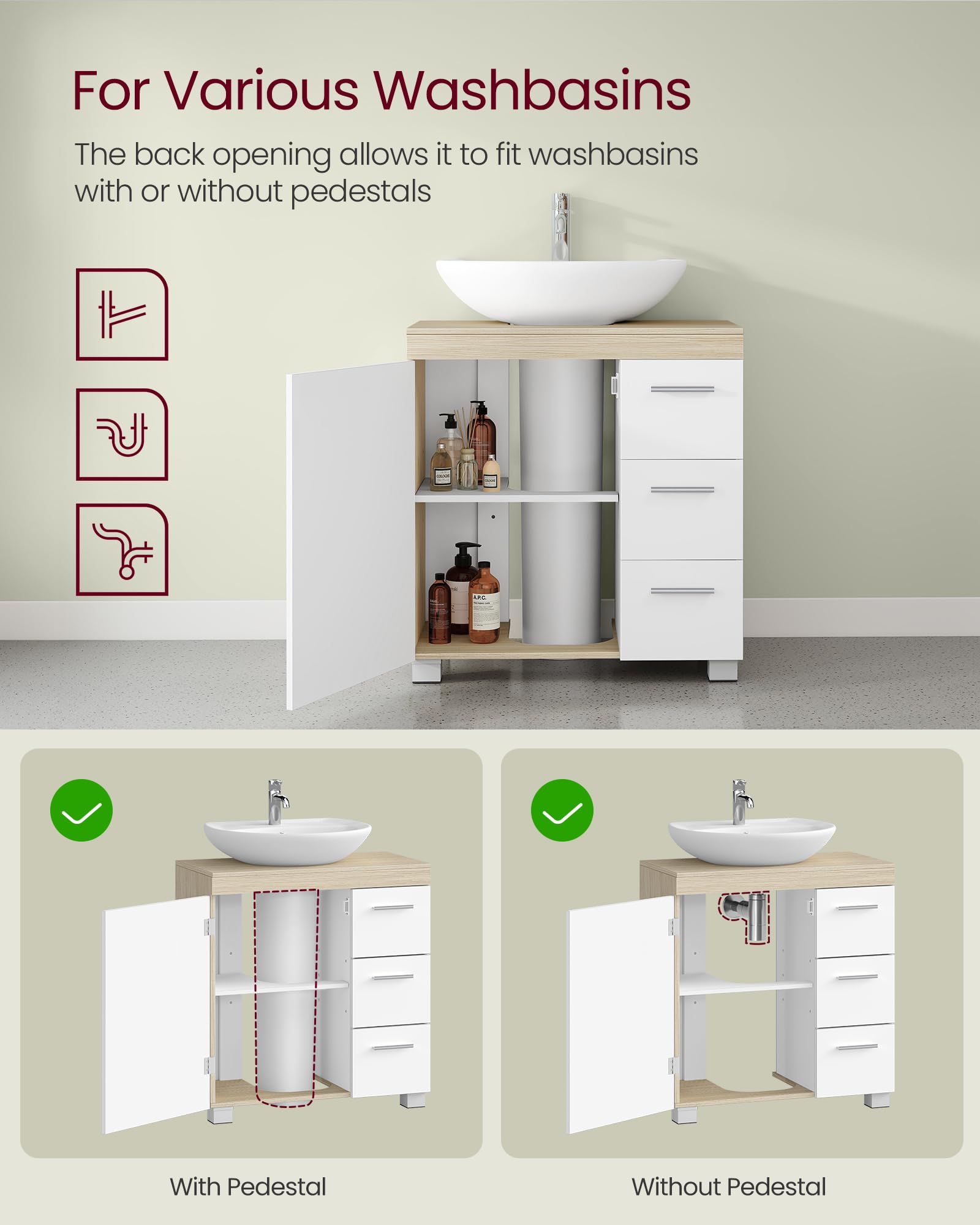 VASAGLE Under Sink Bathroom Cabinet - 3 Drawers, Adjustable Shelf | Cloud White + Natural Beige 5
