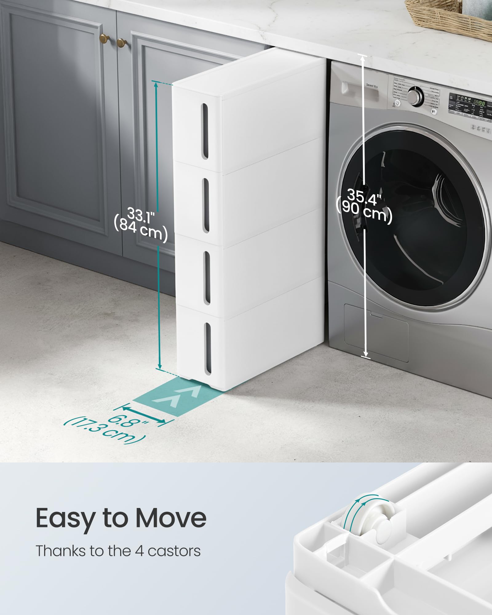 SONGMICS Narrow Kitchen Storage Cart - 4 Tier Plastic Drawers | Mobile | White + Grey 6
