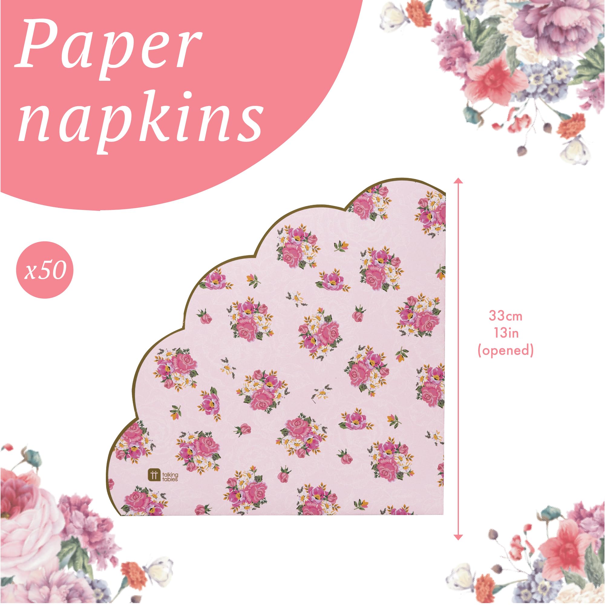 Talking Tables Pretty Floral Napkins - Pack of 50 | Pink Paper | 33cm Unfolded | Afternoon Tea & Partyware 6