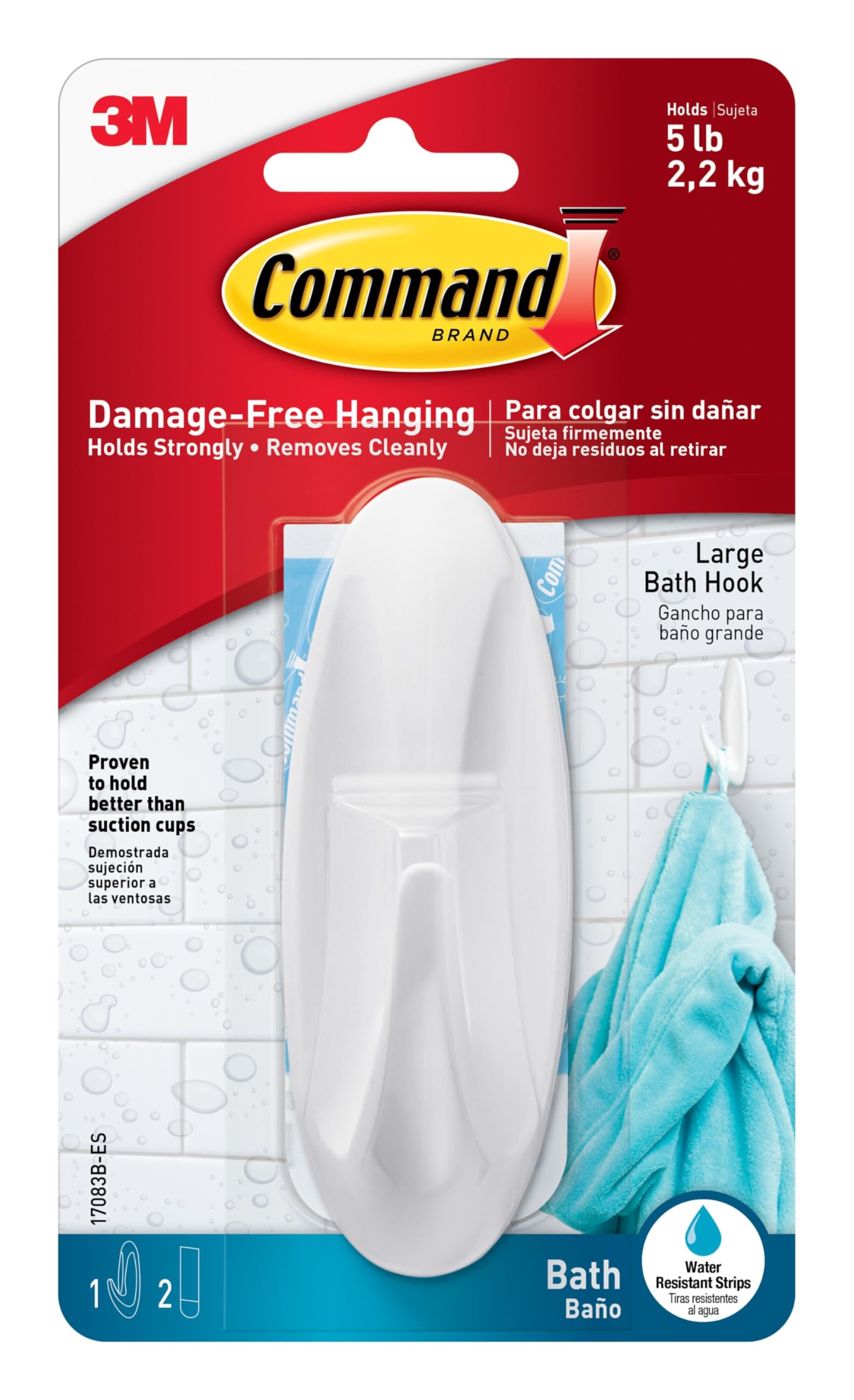 Command Damage-Free Water Resistant Hook - White Plastic | Pack of 2 Hooks & 4 Strips