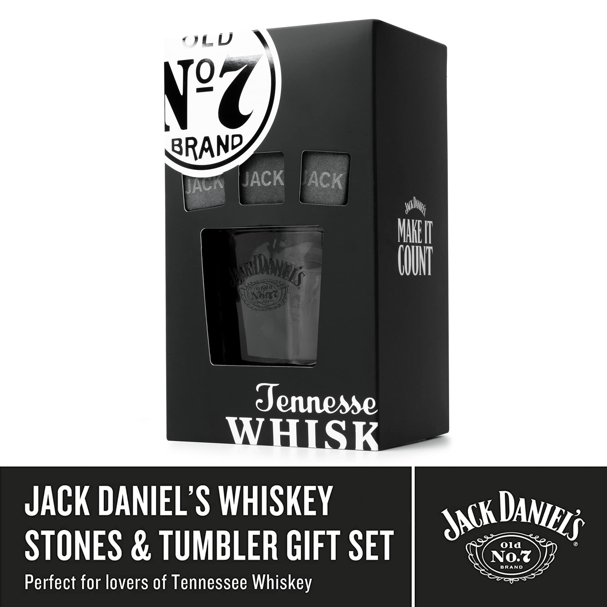 BEAMS INTERNATIONAL Jack Daniels Whiskey Stones and Glass Gift Set | 1 Glass, 3 Stones | 330ml/11oz 3