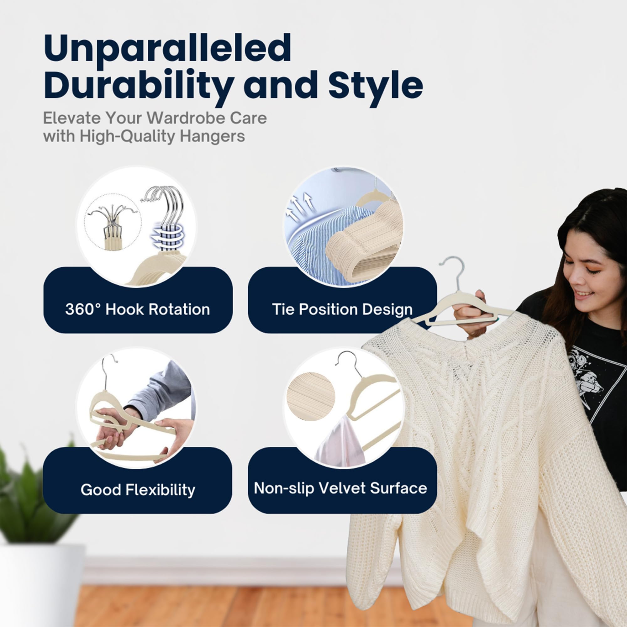Sasha Morel Velvet Hangers - 50 Pack Non-Slip Space Saving with 360° Swivel Hooks | Cream 6