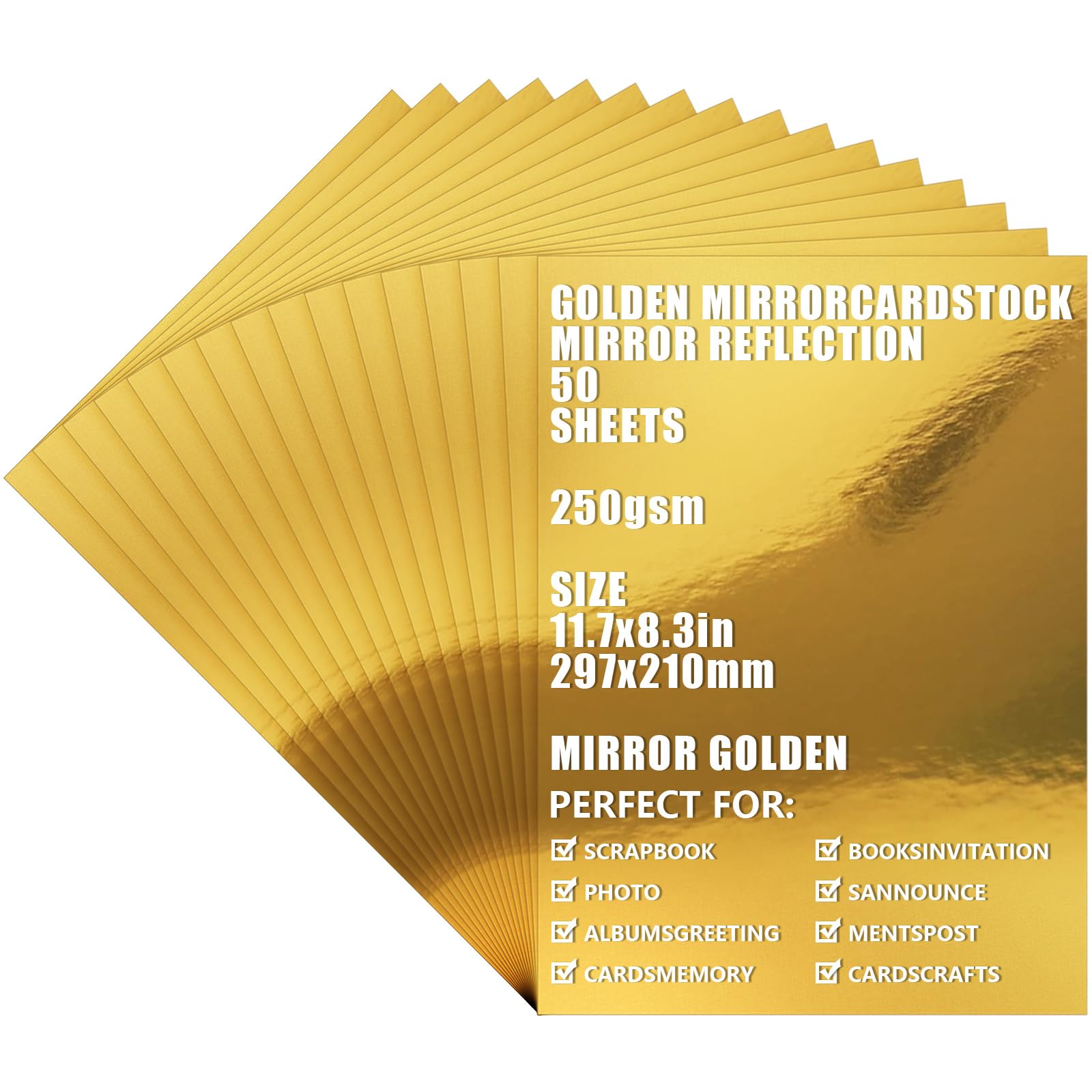 ASelected Gold Mirror Card Stock - 50 Sheets A4 250gsm/92lb Metallic for Crafts 1