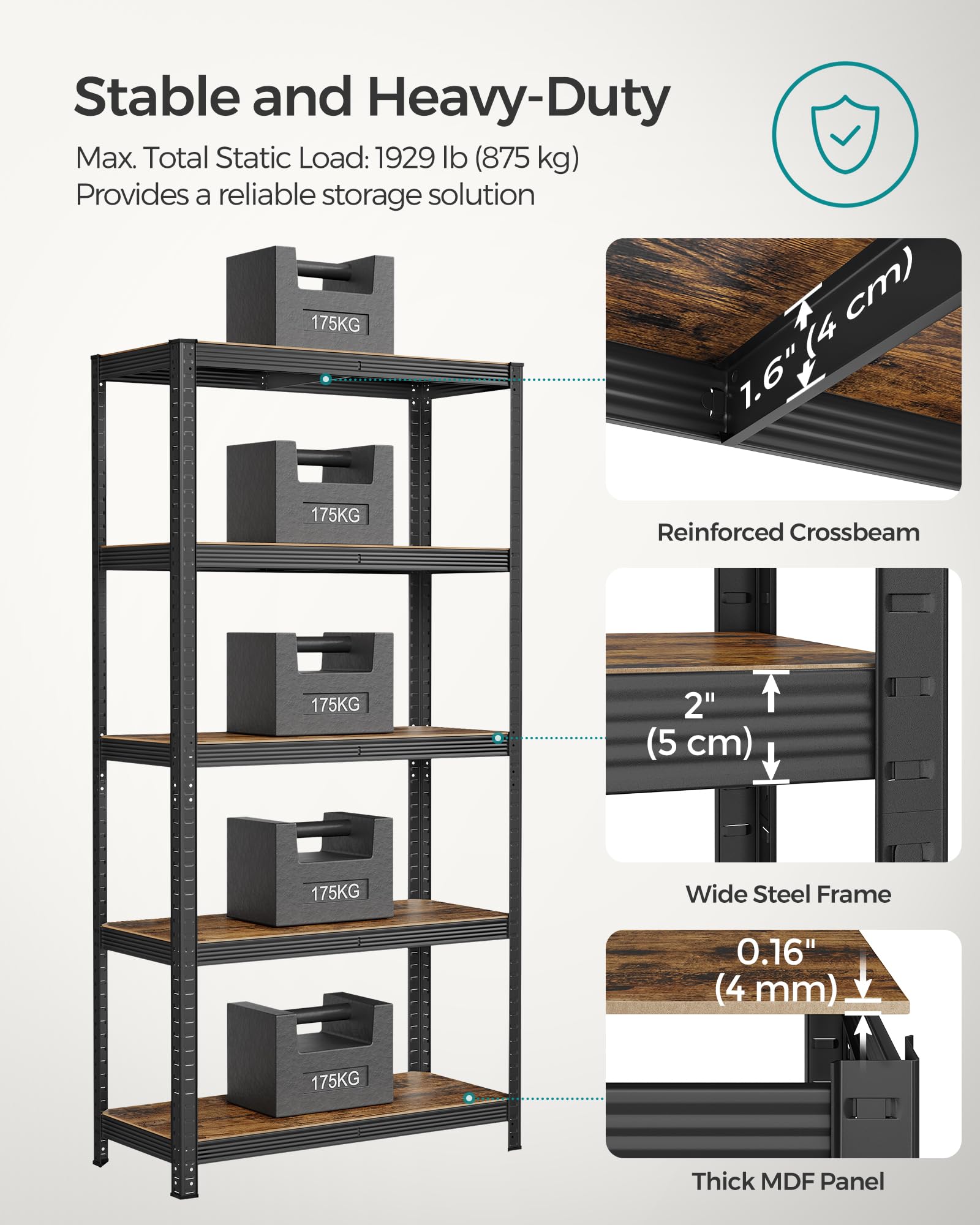 SONGMICS Set of 2 Shelving Units - 875 kg Total Capacity | Rustic Brown/Black | 40D x 90W x 180H cm 5