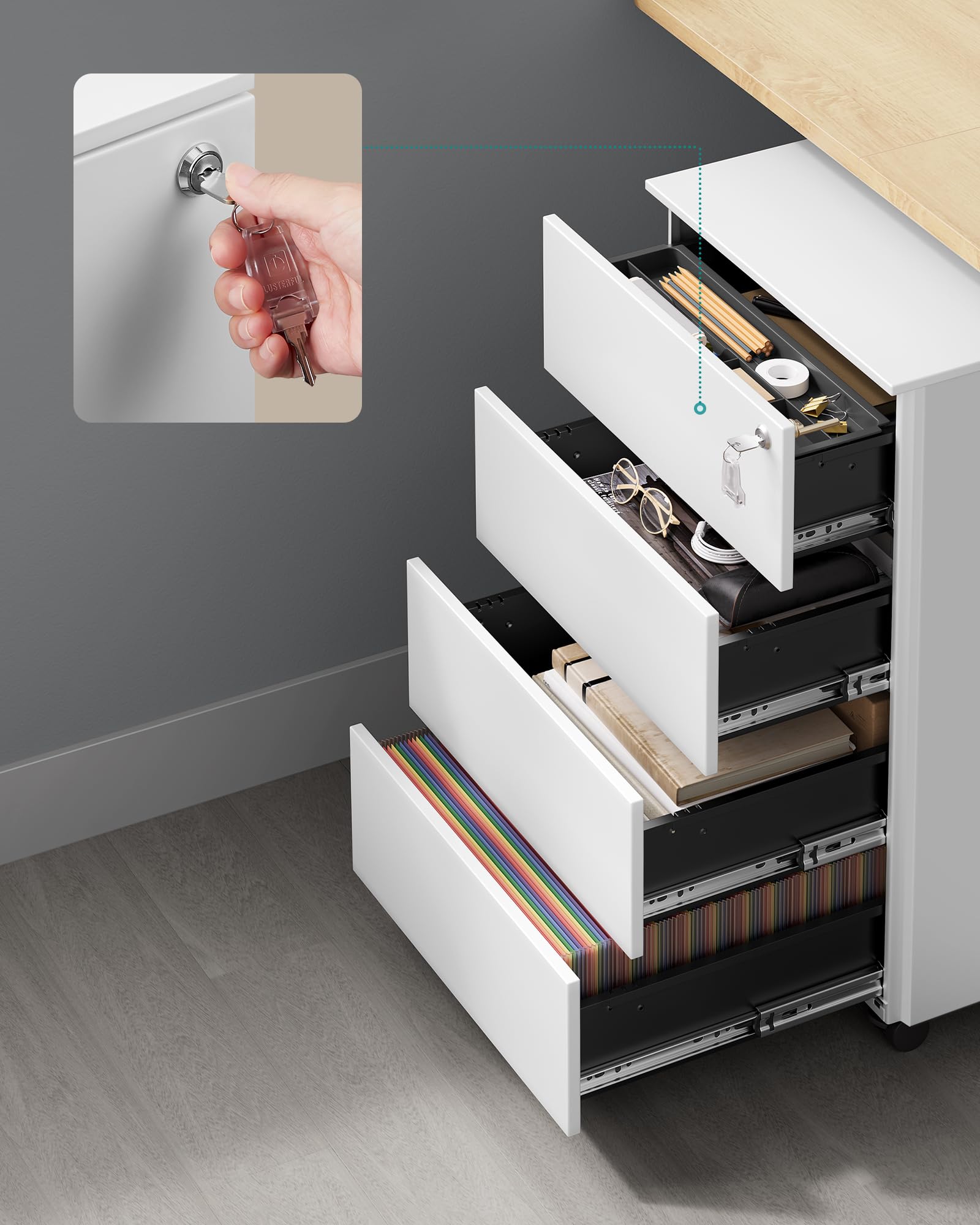 SONGMICS Mobile File Cabinet - 4 Lockable Drawers | Steel Construction | White | 69.3H cm 4