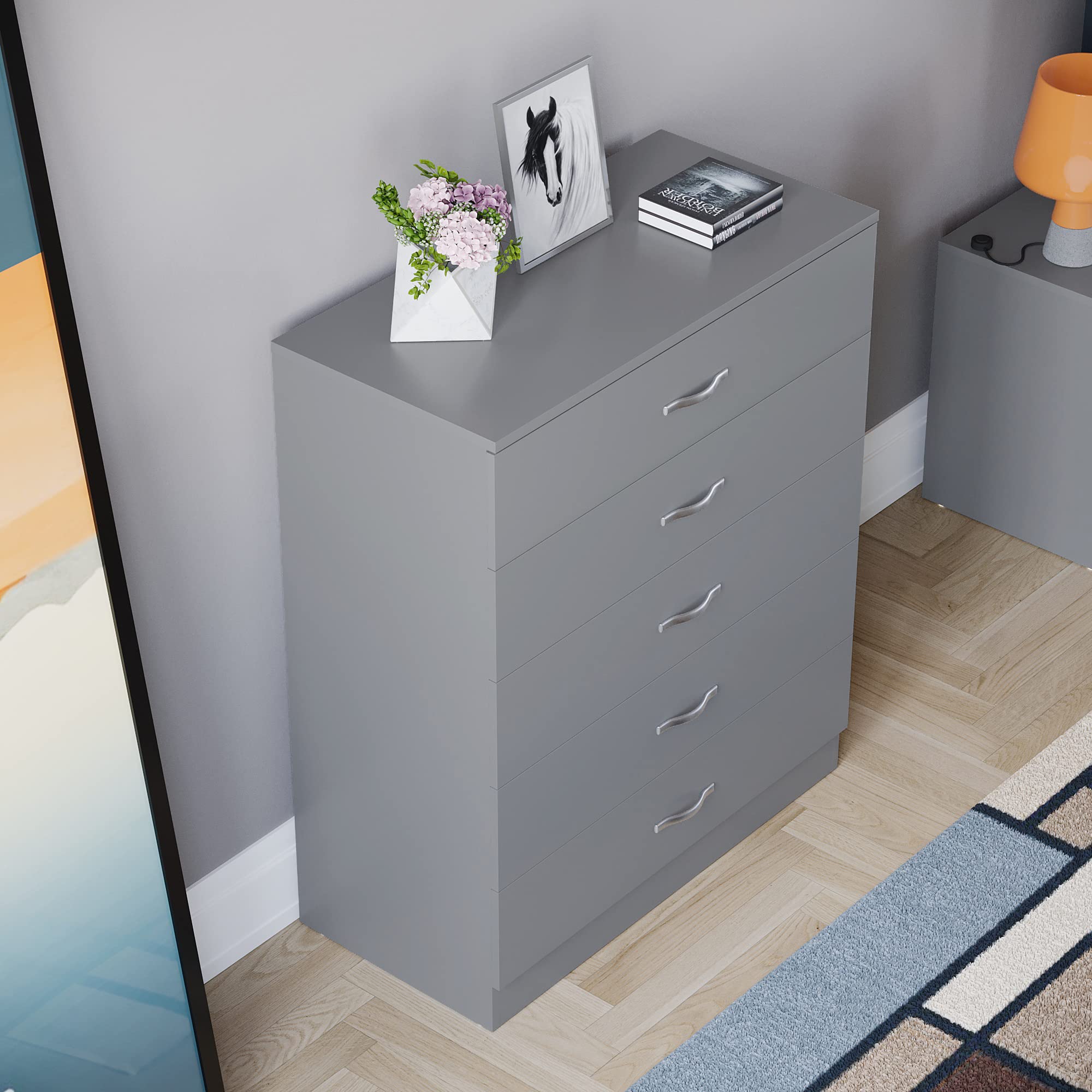 Vida Designs Riano 5 Drawer Chest of Drawers - Grey | Metal Handles & Runners | MDF/Chipboard Construction 7