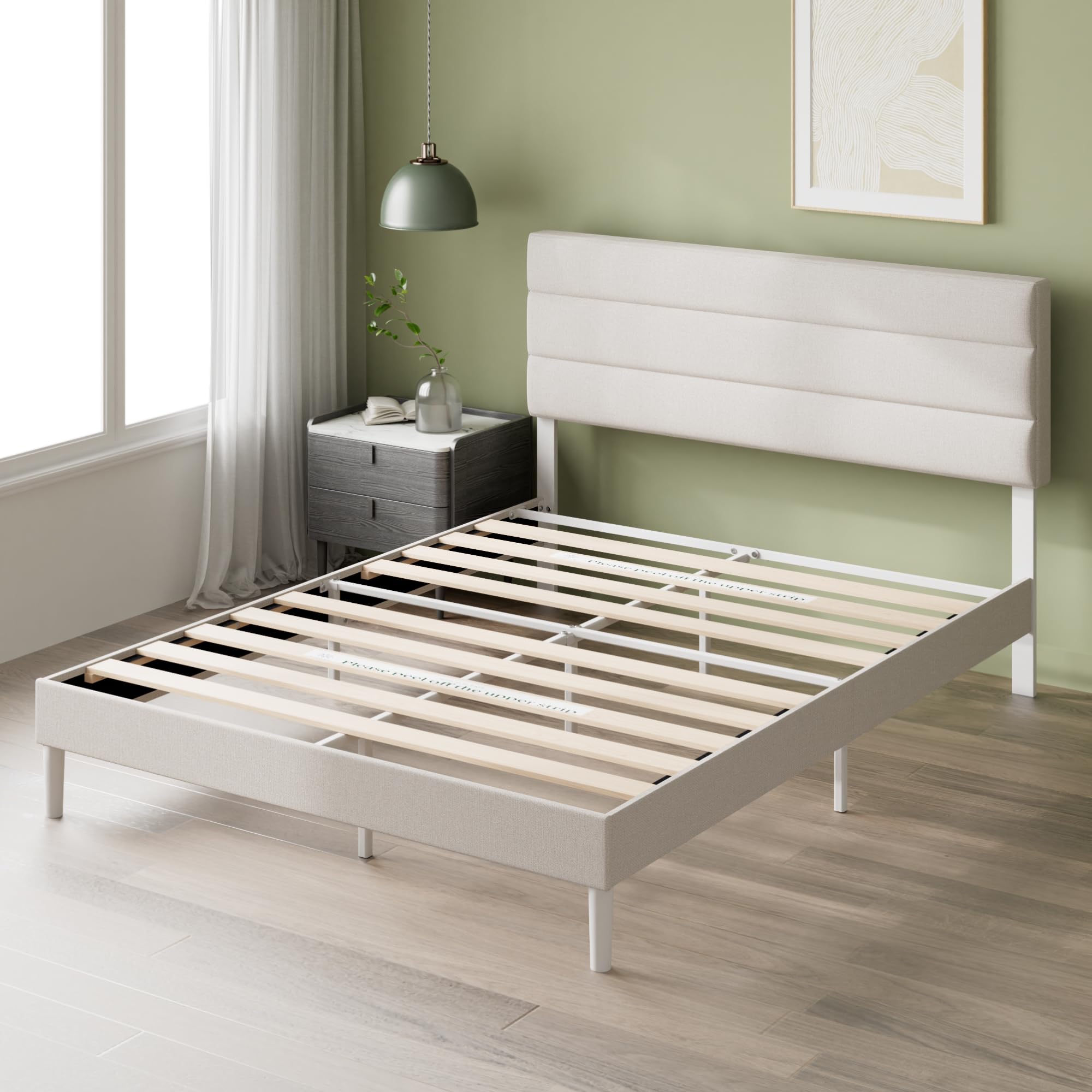Zinus Piper Double Upholstered Bed Frame with Headboard - Off White | 135 x 190 cm | Steel Frame 10