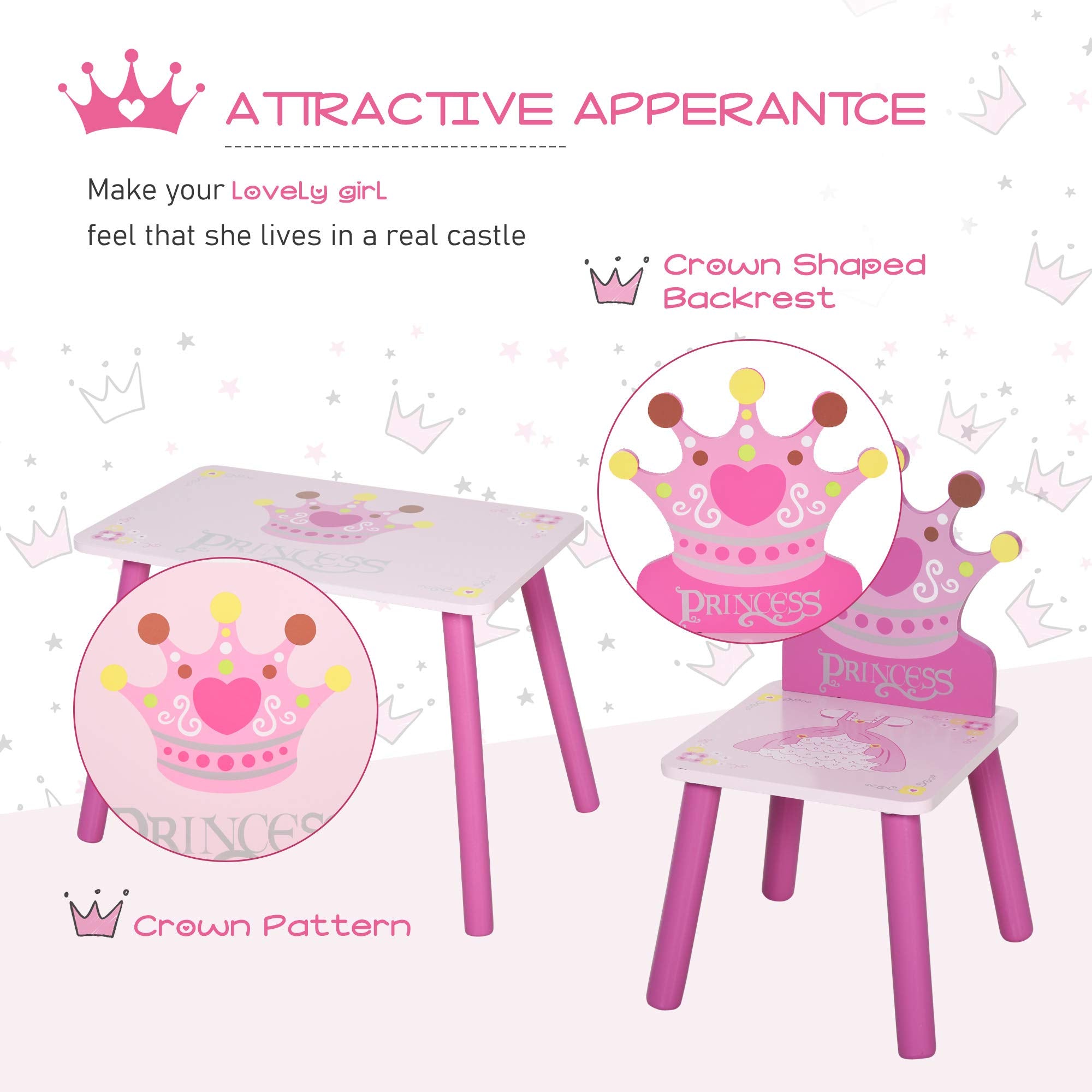 HOMCOM 3 Pc Kids Table and Chair Set - Princess & Crown Theme | MDF & Pine Wood | Pink 6
