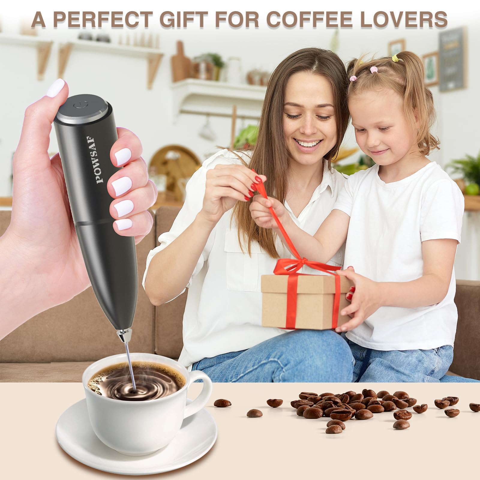 POWSAF Handheld Milk Frother Wand for Coffee with Stand | Battery-Powered | Stainless Steel Whisk 6