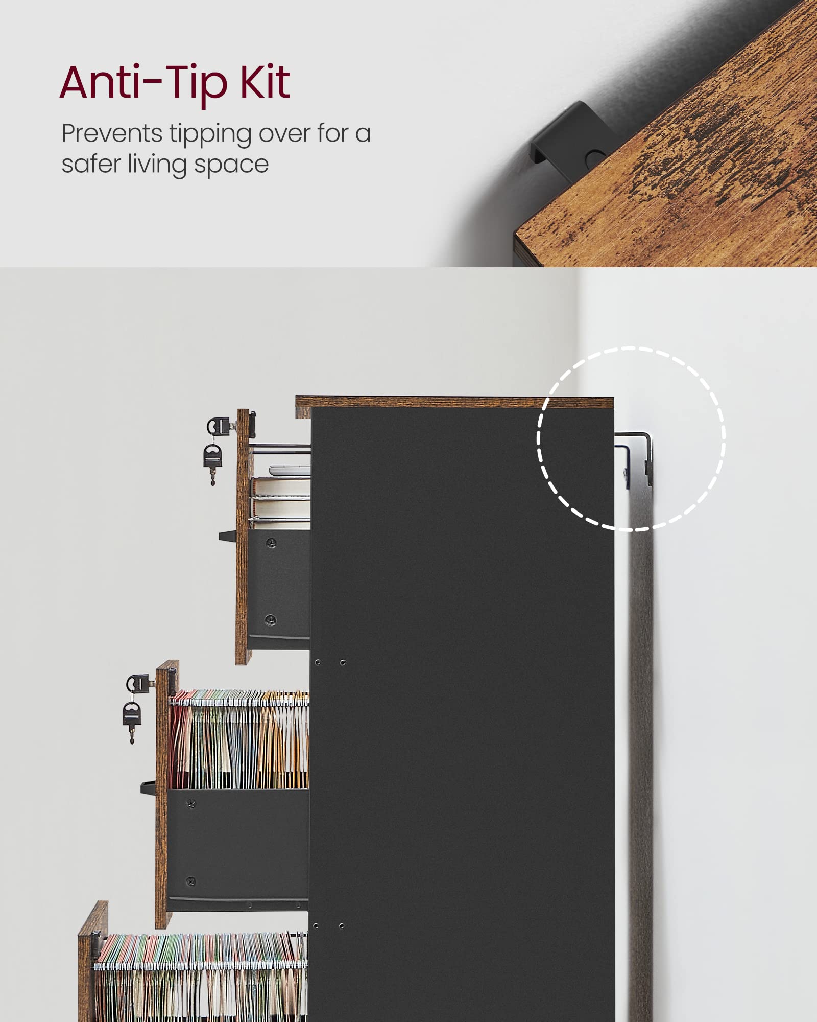 VASAGLE File Cabinet for Home Office - 3 Lockable Drawers | A4 & Letter Size | Rustic Brown/Ink Black | OFC055B01 7