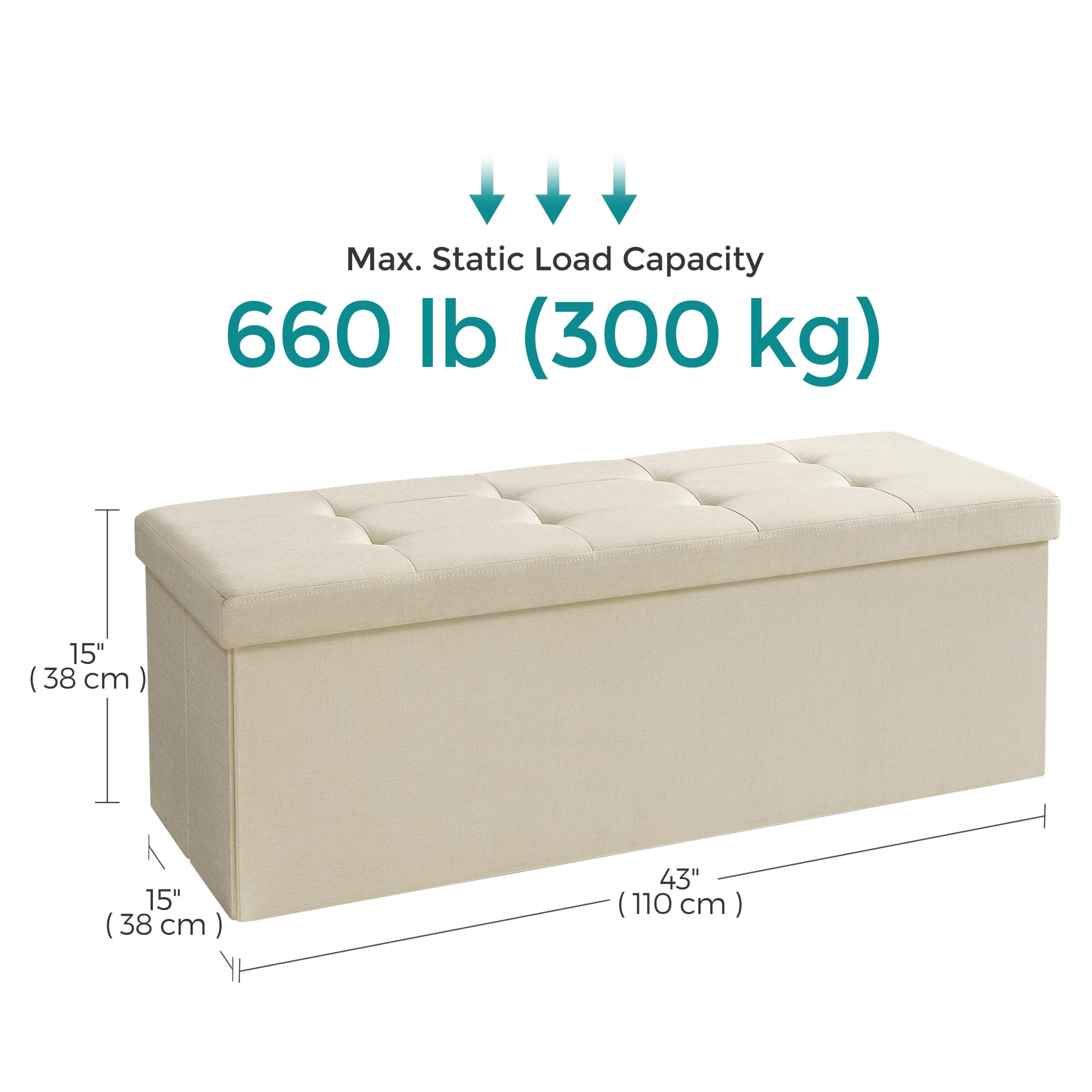 SONGMICS MAZIE Storage Ottoman Bench - 110 cm Folding Foot Rest | 300 kg Capacity | Cream White 7