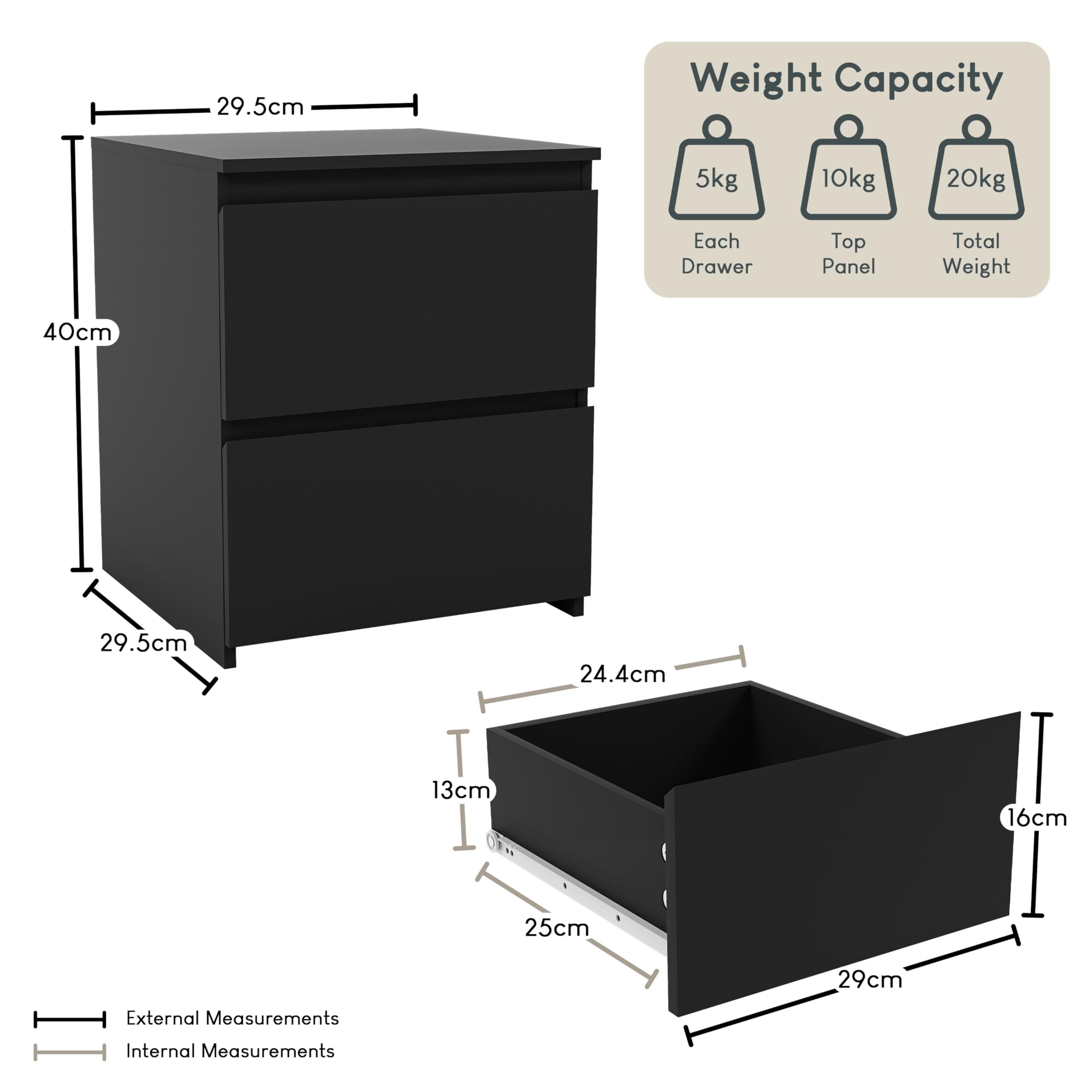 Vida Designs Denver 2 Drawer Bedside Chest - Modern Style | Black Finish | H: 40 x W: 29.5 cm 2