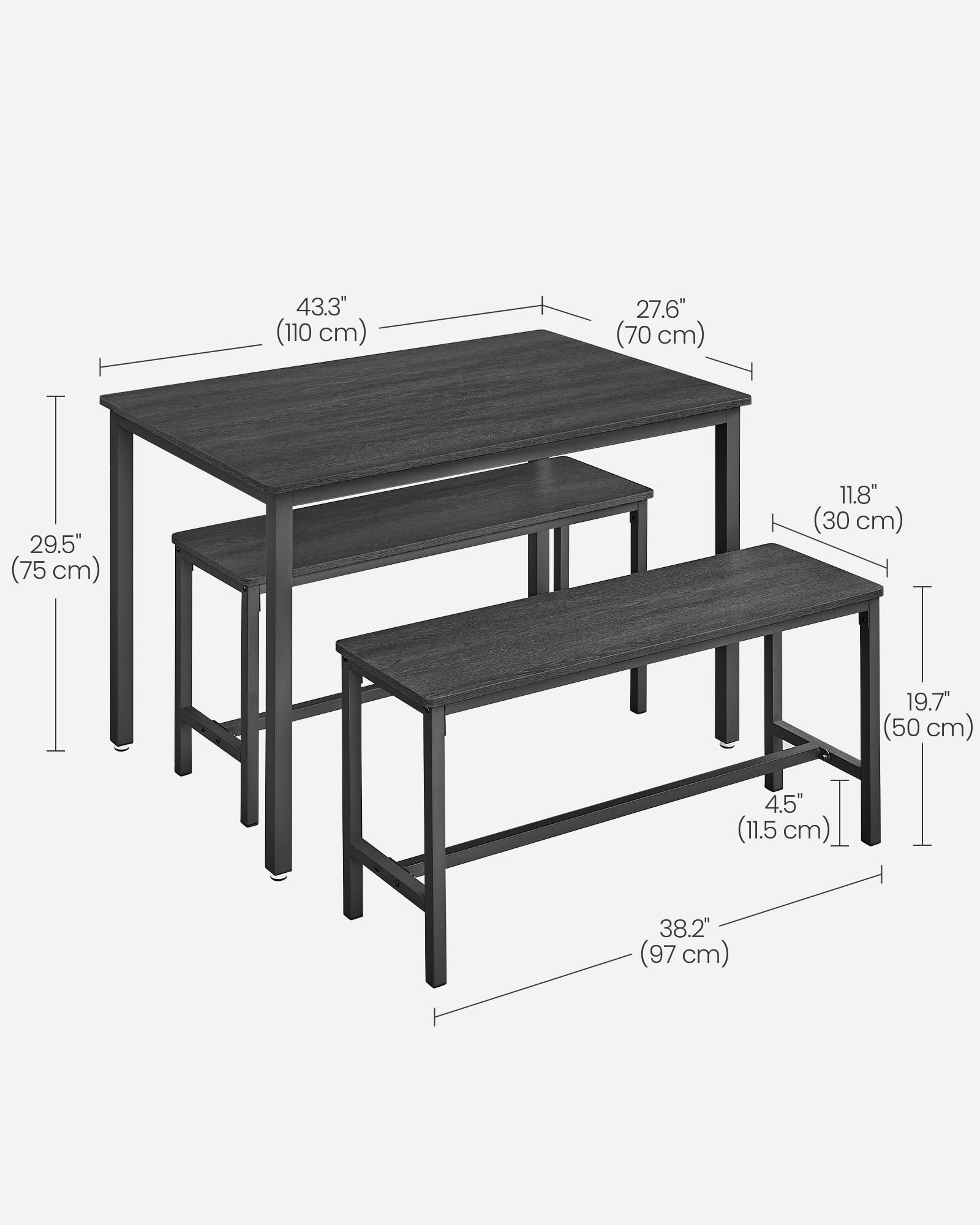 VASAGLE 3-Piece Dining Room Set with 2 Benches | Table 110x70cm | Steel Frame | Ash Black/Ink Black 4