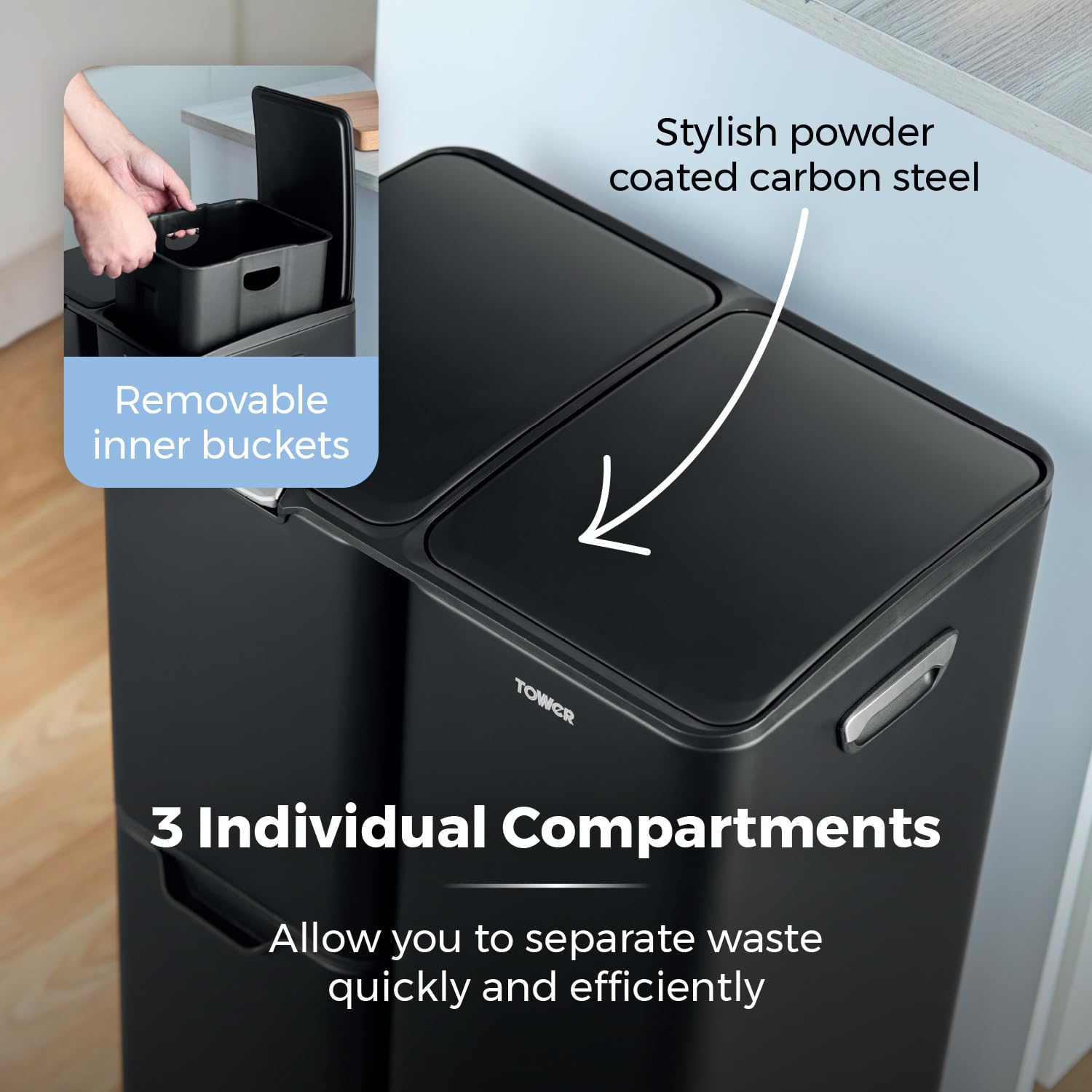 Tower Recycling Pedal Bin - 60L Capacity | 3 Compartments | Carbon Steel 5