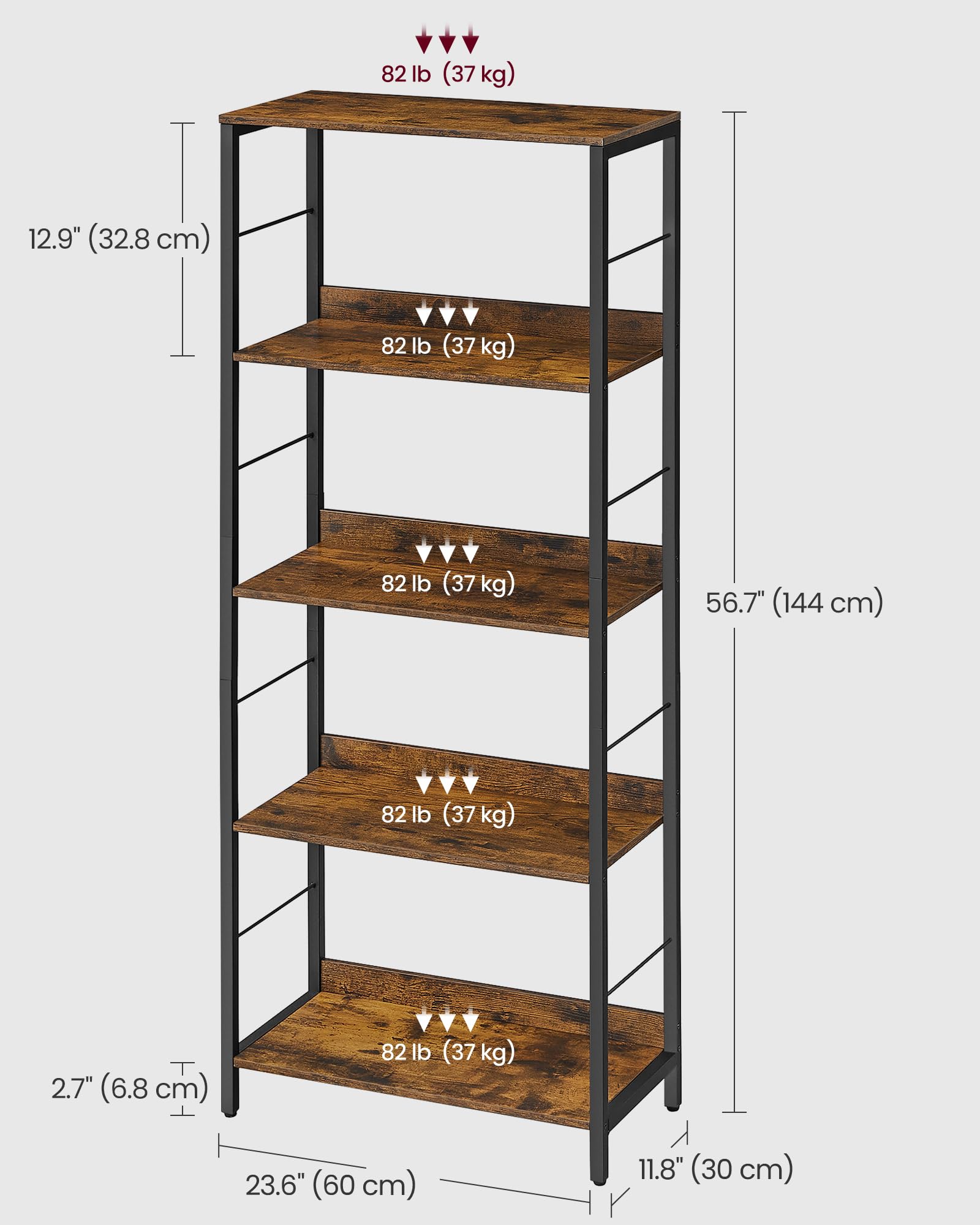 VASAGLE 5-Tier Bookcase - Rustic Brown/Ink Black | 30 x 60 x 144 cm | Supports 37 kg per Shelf 7