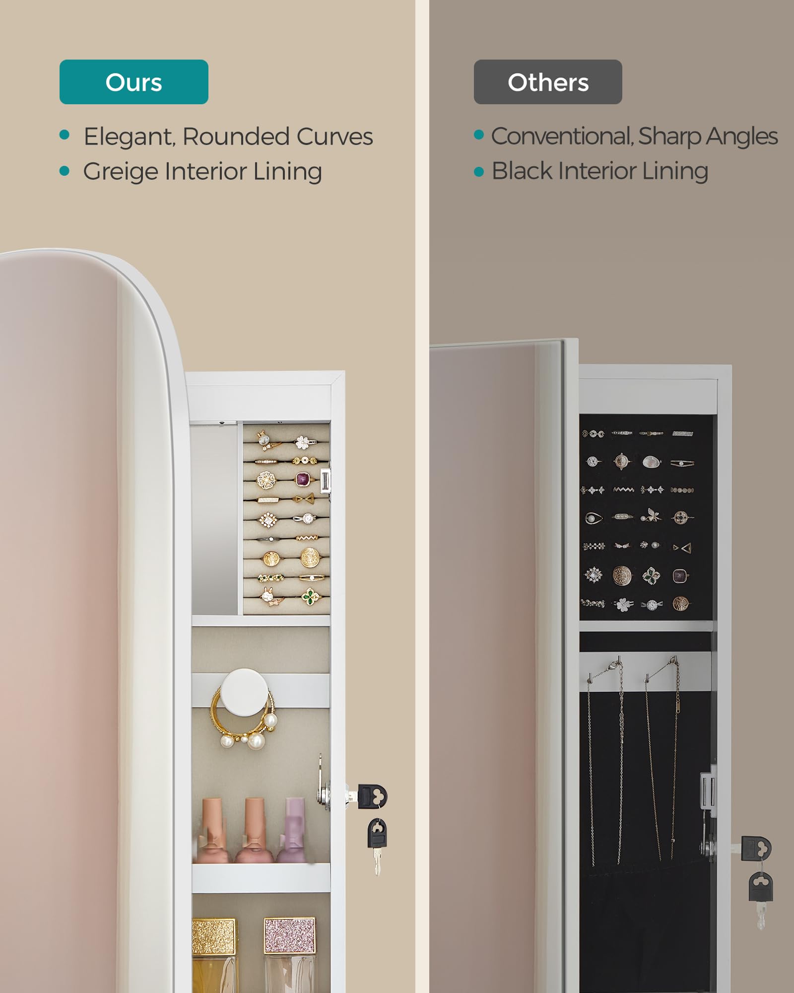 SONGMICS LED Mirror Jewellery Cabinet - Wall/Door Mounted | Lockable | White + Greige 4
