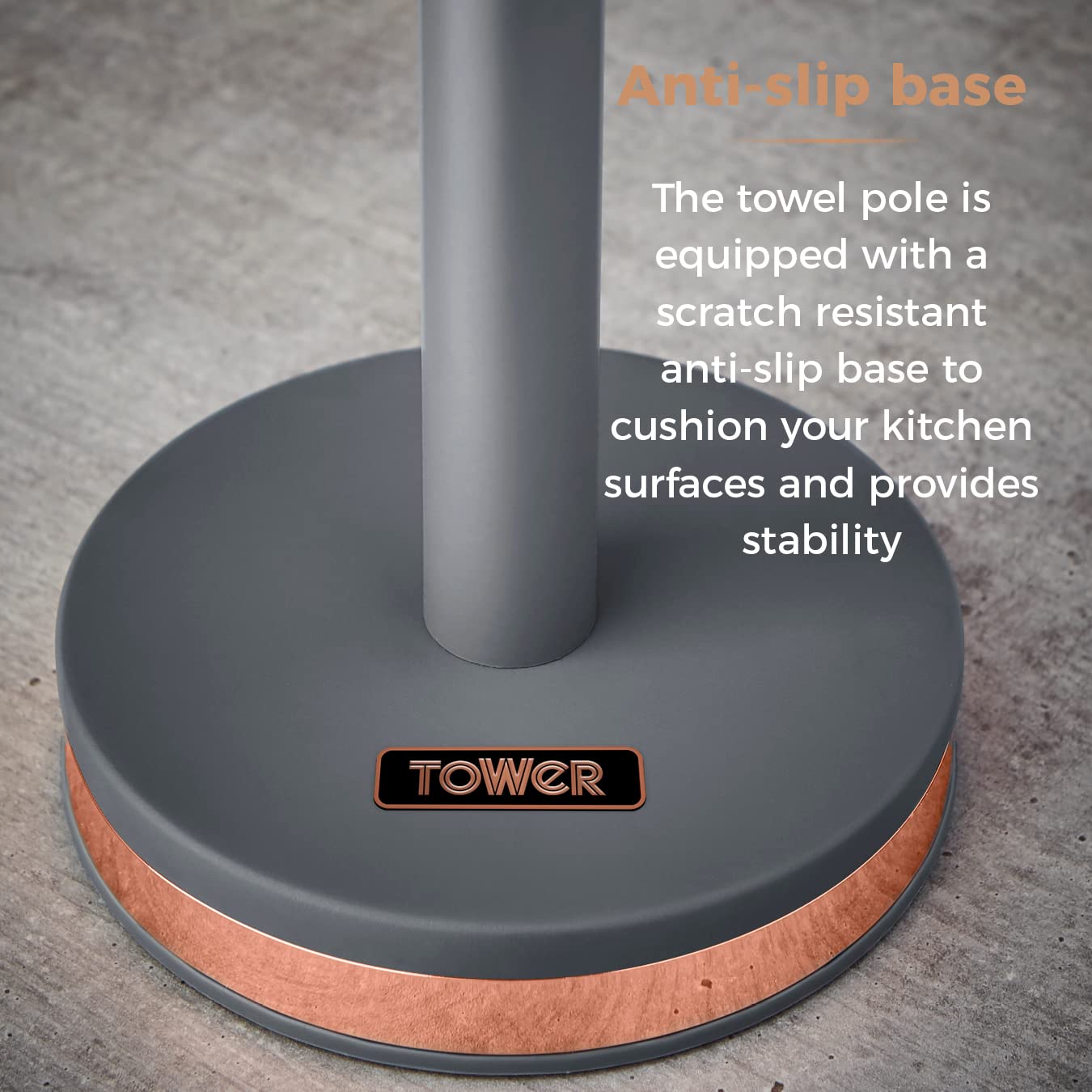 Tower Cavaletto Metal Paper Towel Holder - Stable Base | Fits Standard Rolls | Grey/Rose Gold 4