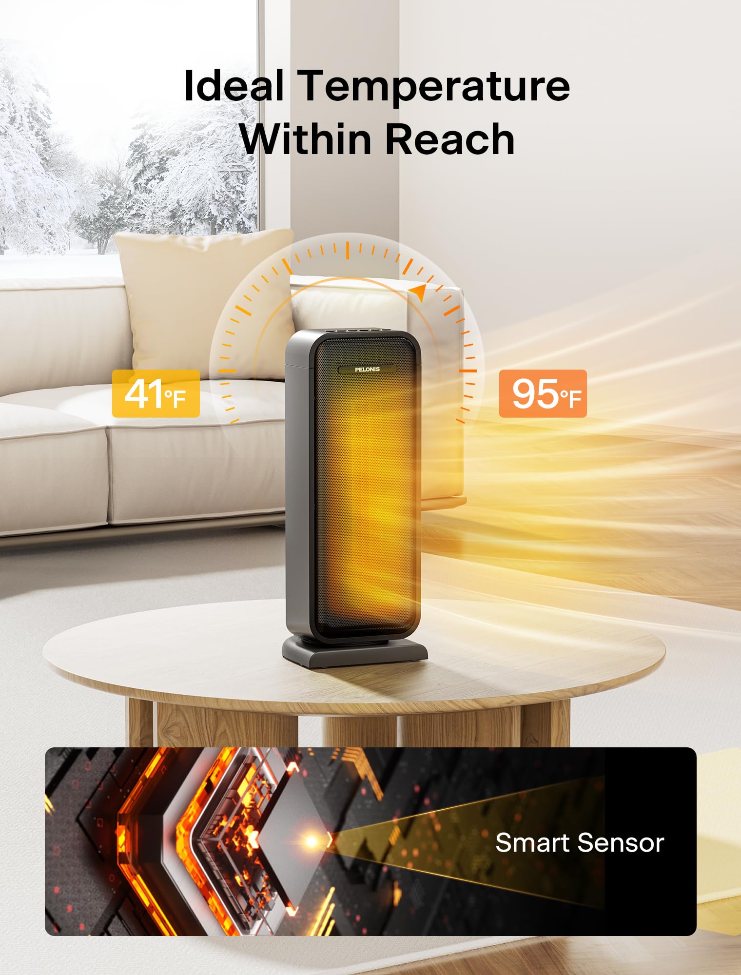 Pelonis Electric Heater - 2000W PTC Ceramic, Digital Thermostat, 12H Timer, 90° Oscillation | Black 6
