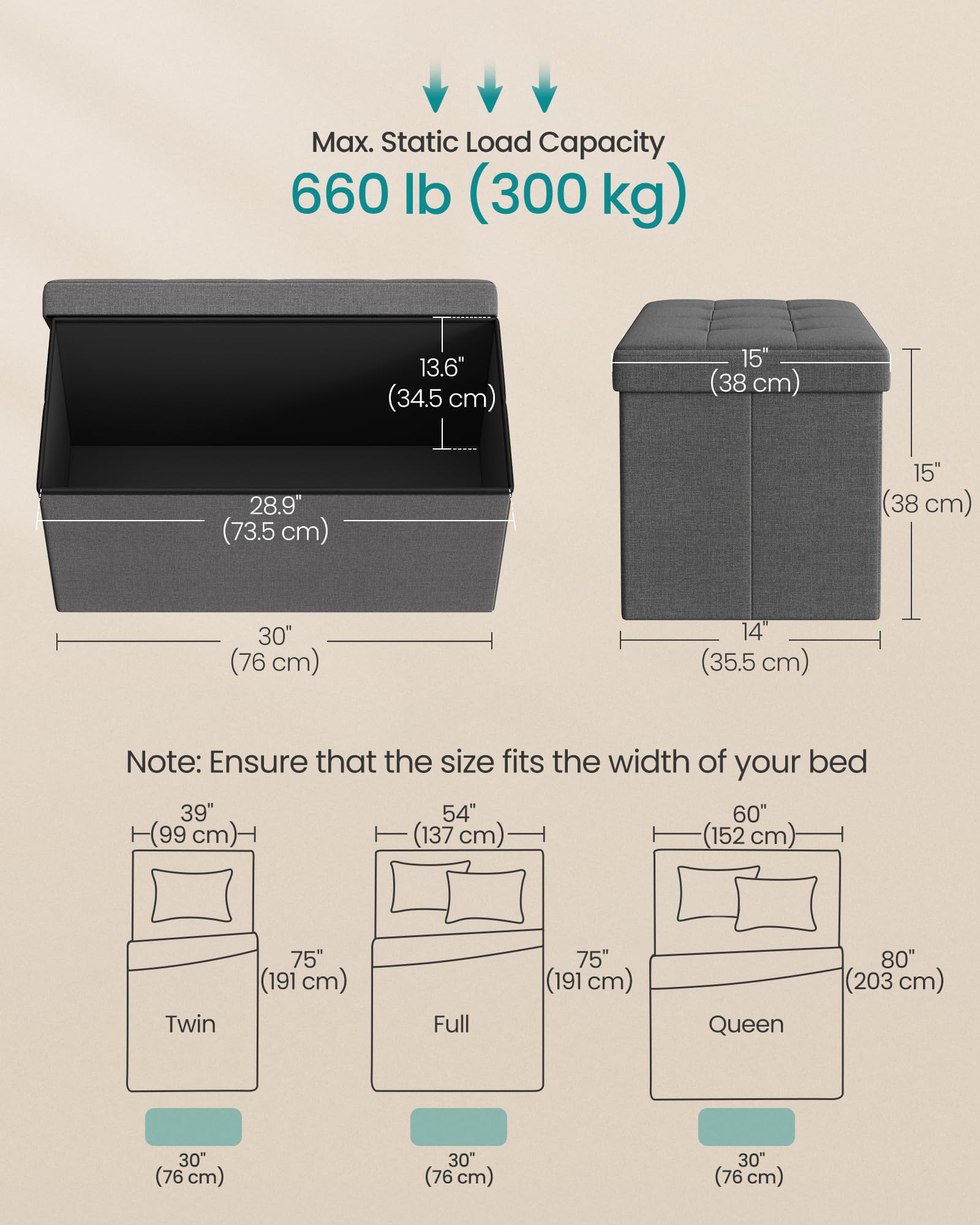 SONGMICS MAZIE Storage Ottoman Bench - 76cm Folding Foot Rest | Dark Grey | 89L Capacity 3