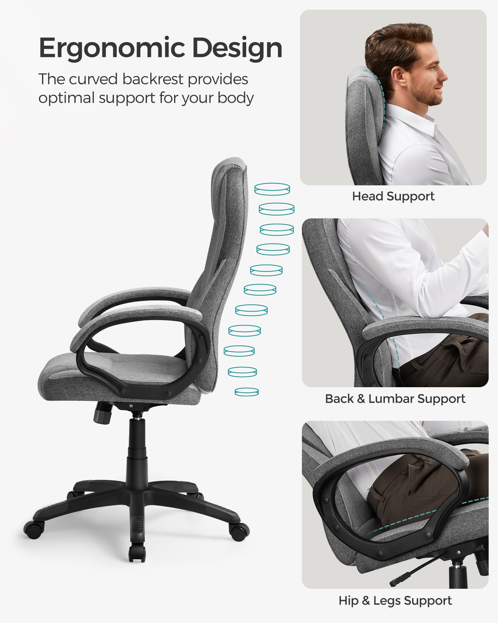 SONGMICS Ergonomic Swivel Desk Chair - Adjustable Height, Silent Castors, Dove Grey | OBG022G11 5