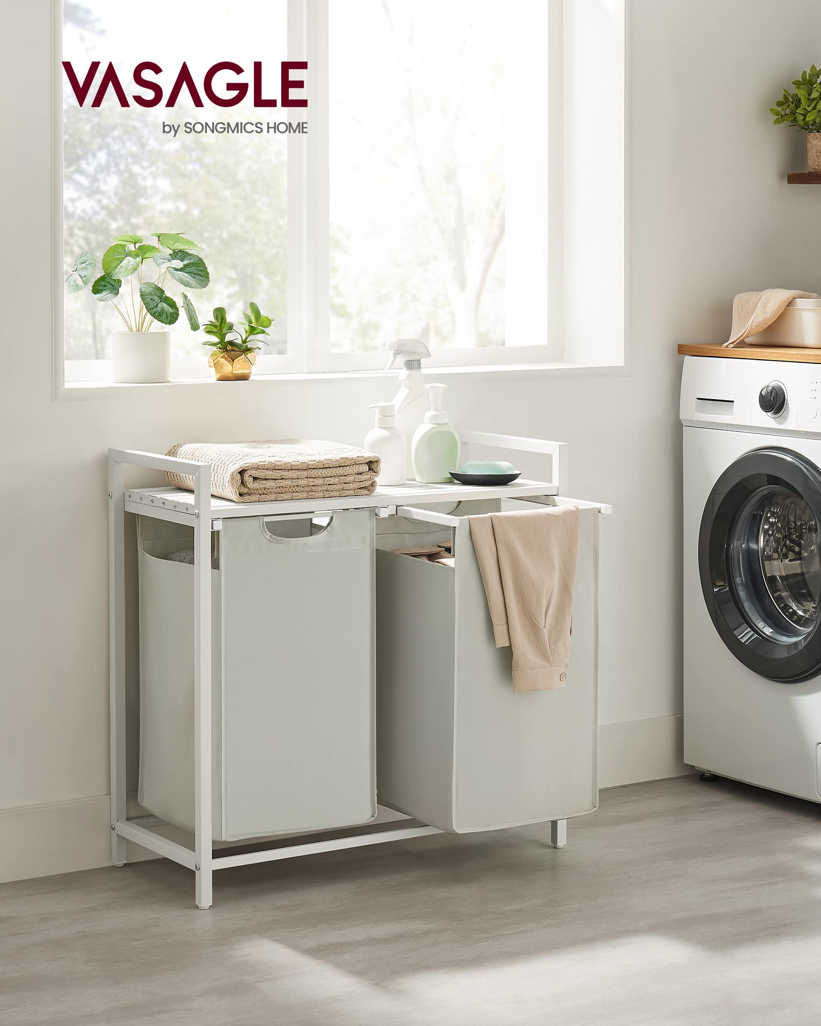 VASAGLE 2-Compartment Laundry Basket Hamper with Pull-Out Liners and Storage Shelf | 92 L Capacity