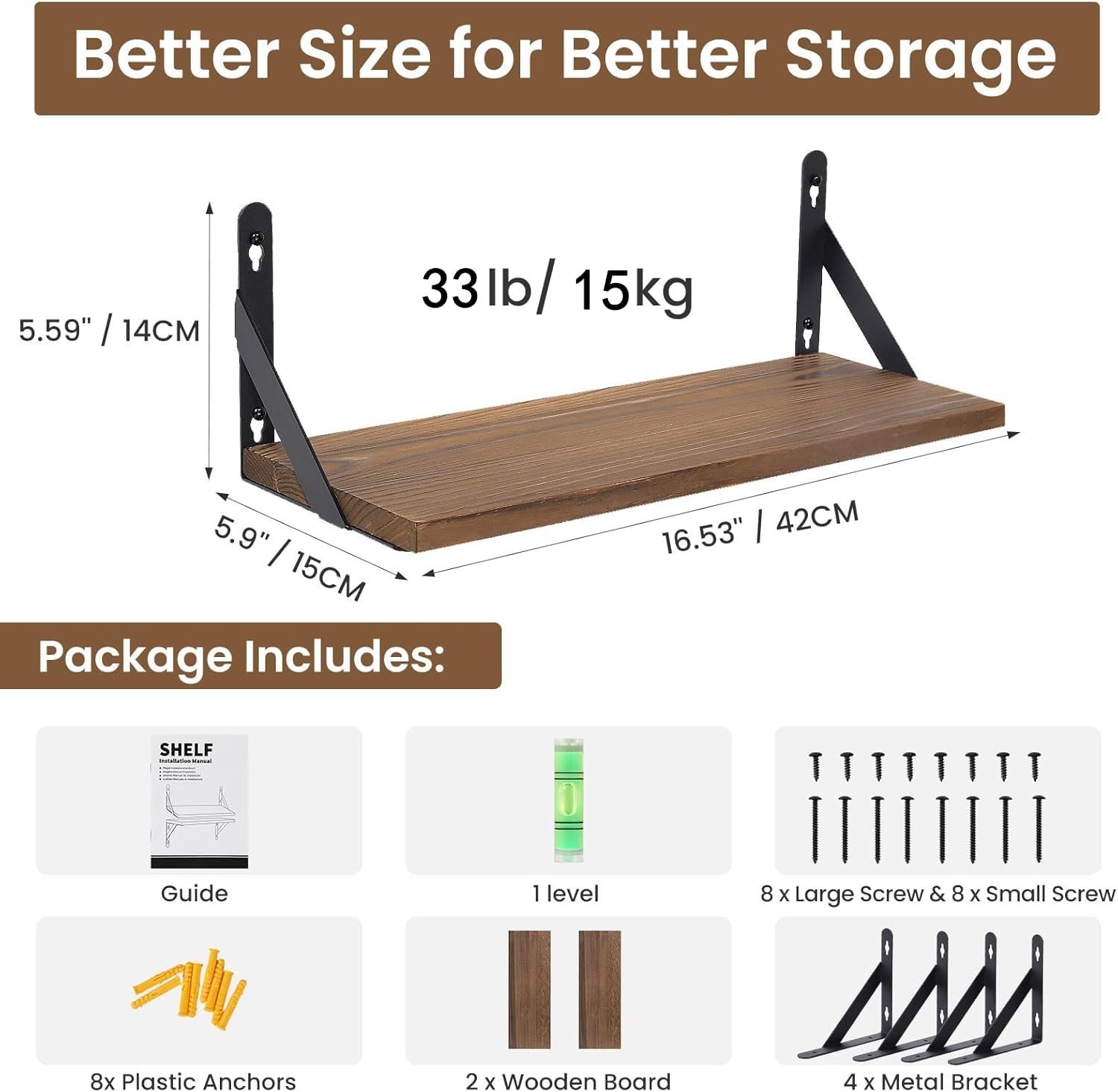AGM Set of 2 Rustic Dark Wood Wall Mounted Floating Shelves | Max Load 15kg per Shelf 3