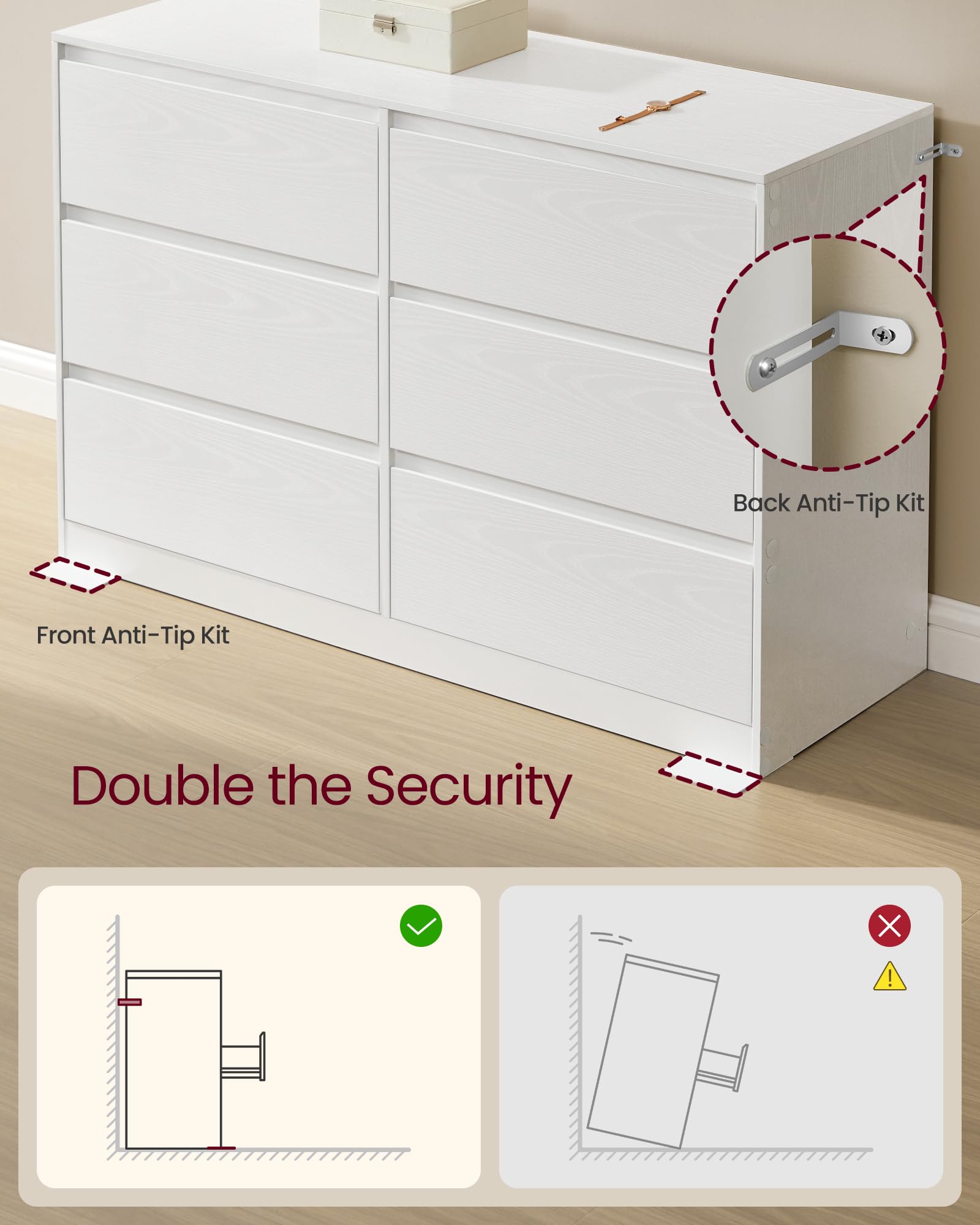 VASAGLE KAILYN Collection Chest of Drawers - 6 Drawers | Snow White | Particleboard & MDF 5