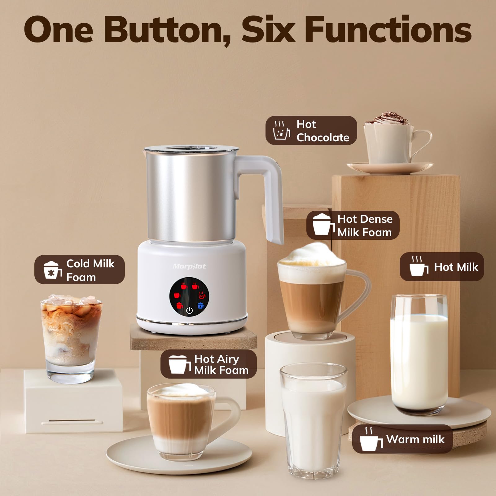 morpilot Automatic Milk Frother - 6-in-1 Functions, 500ML Capacity, Stainless Steel | White