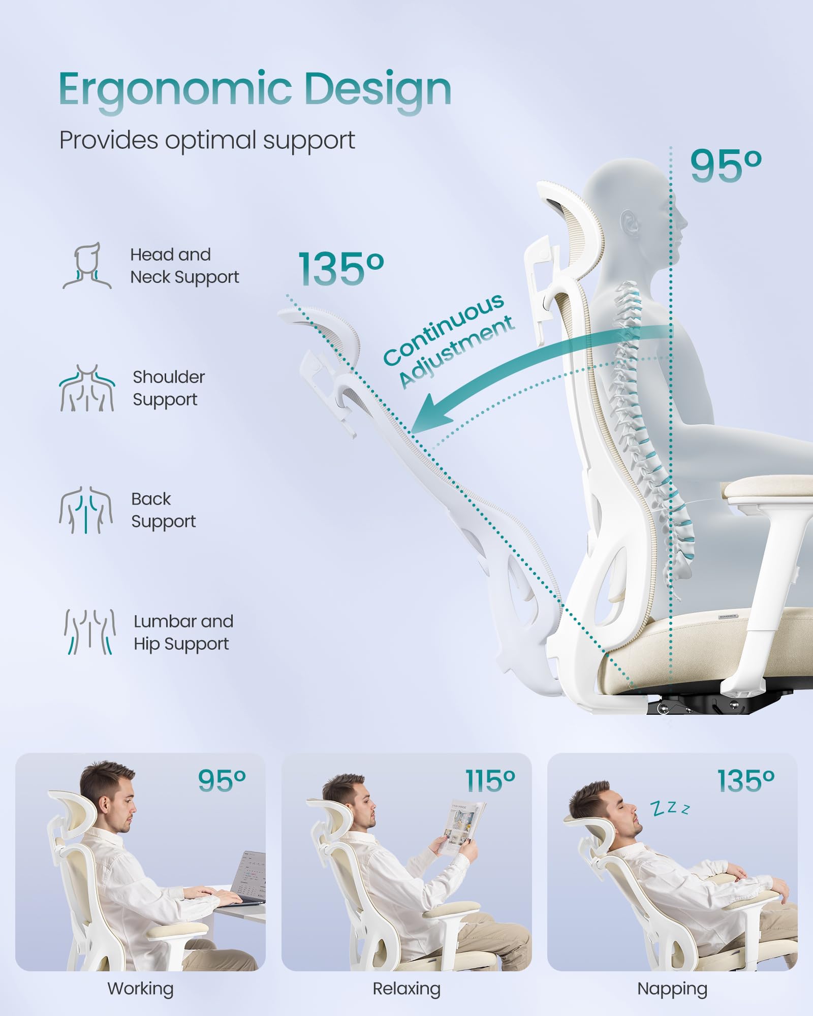 SONGMICS Ergonomic Office Chair - Adjustable Lumbar Support | Reclining 95°-135° | Cappuccino Beige 4
